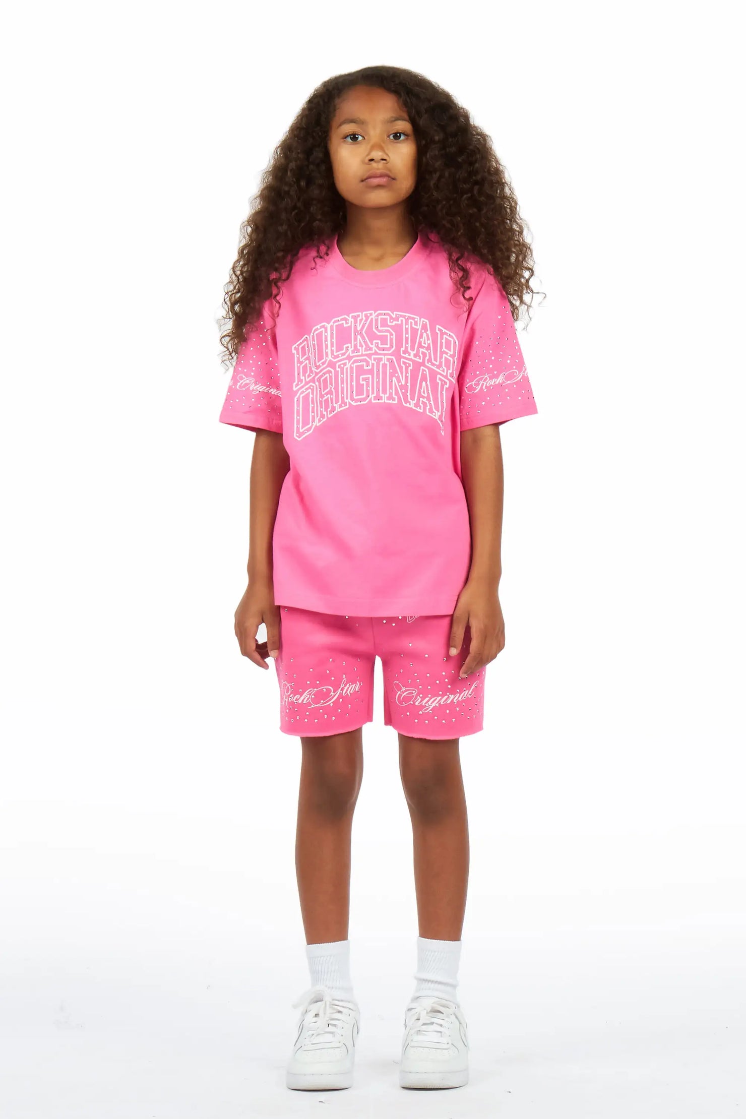 Girls Lakisha Pink Rhinestone Oversized T-Shirt Short Set