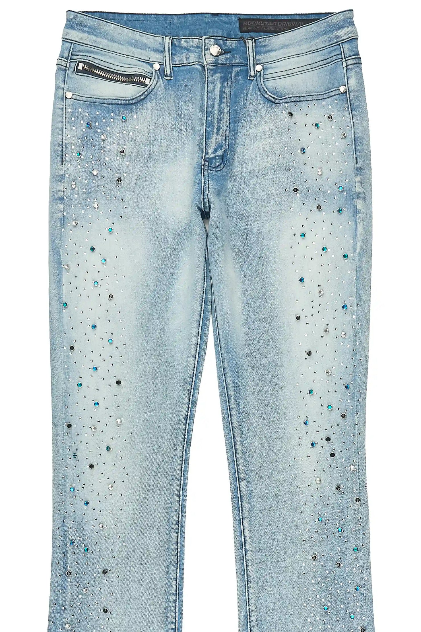 Monty Light Blue Rhinestone Studded Stacked Flare Jean