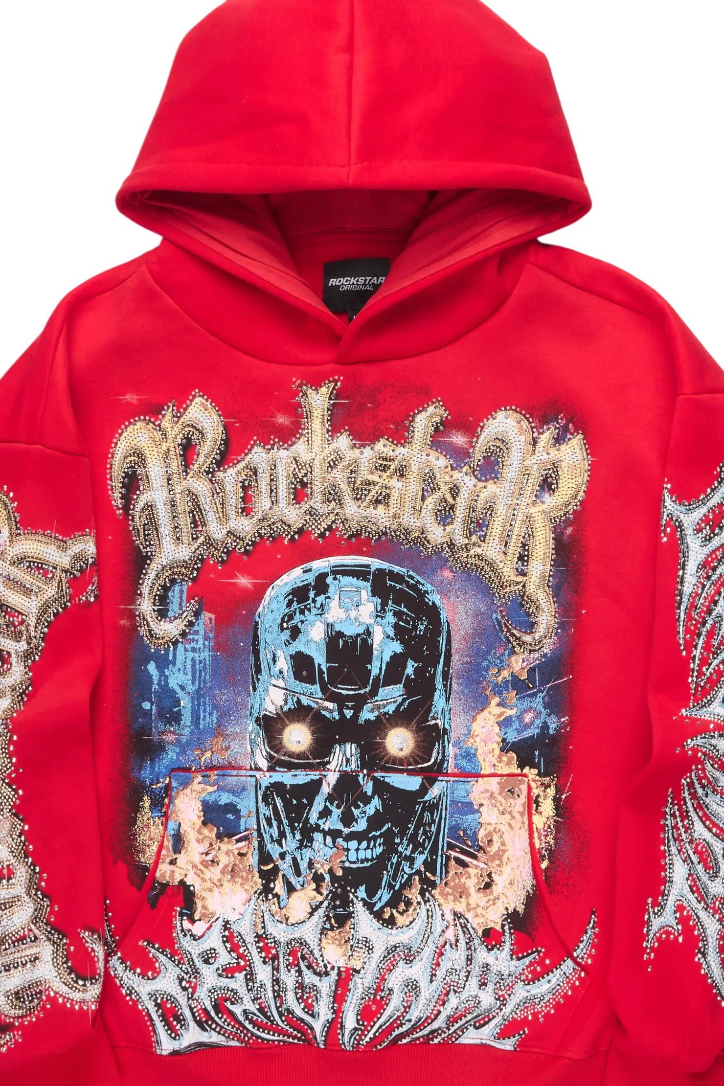 Mesin Red Rhinestone Oversized Hoodie