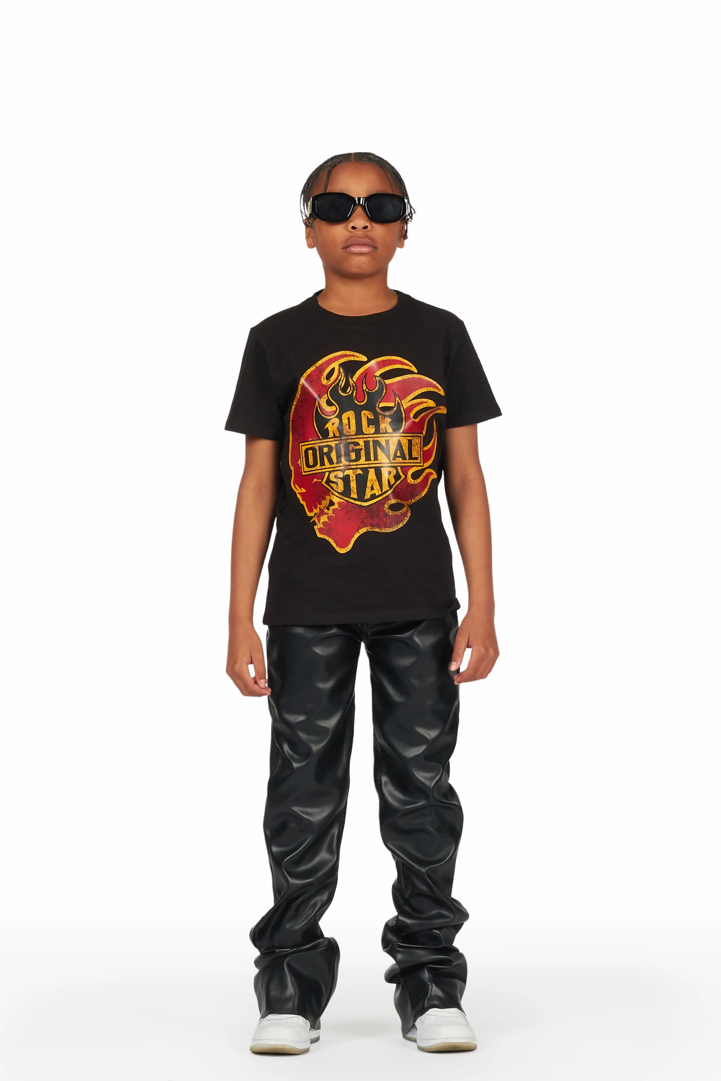 Boys Azai Black T-Shirt Super Stacked Flare PU Jean Set