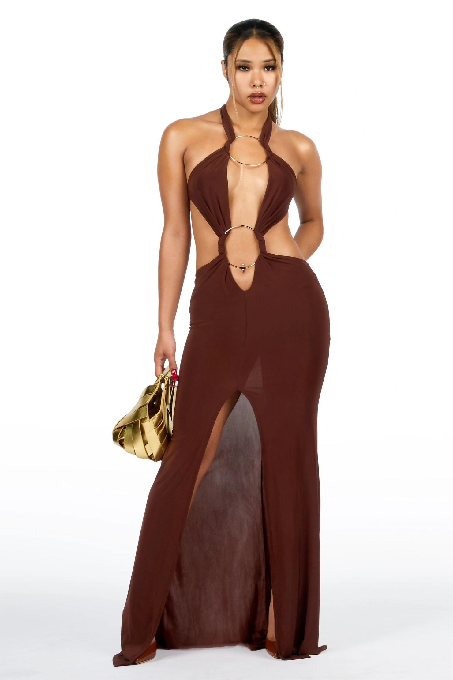 Two-Ring Chocolate Maxi Cut-Out Dress