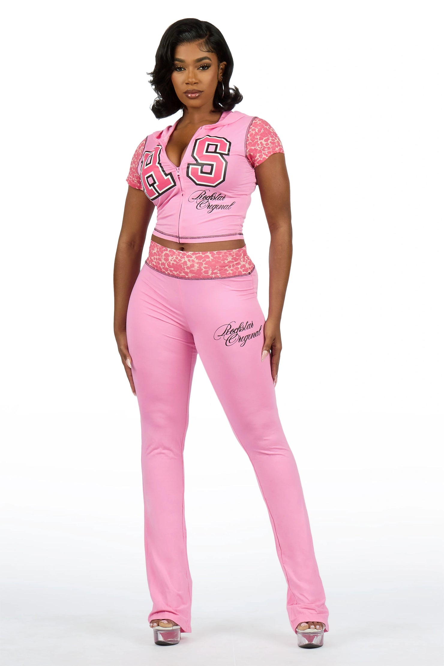 Kateya Pink/Cheetah Short Sleeve Zip Up Track Set