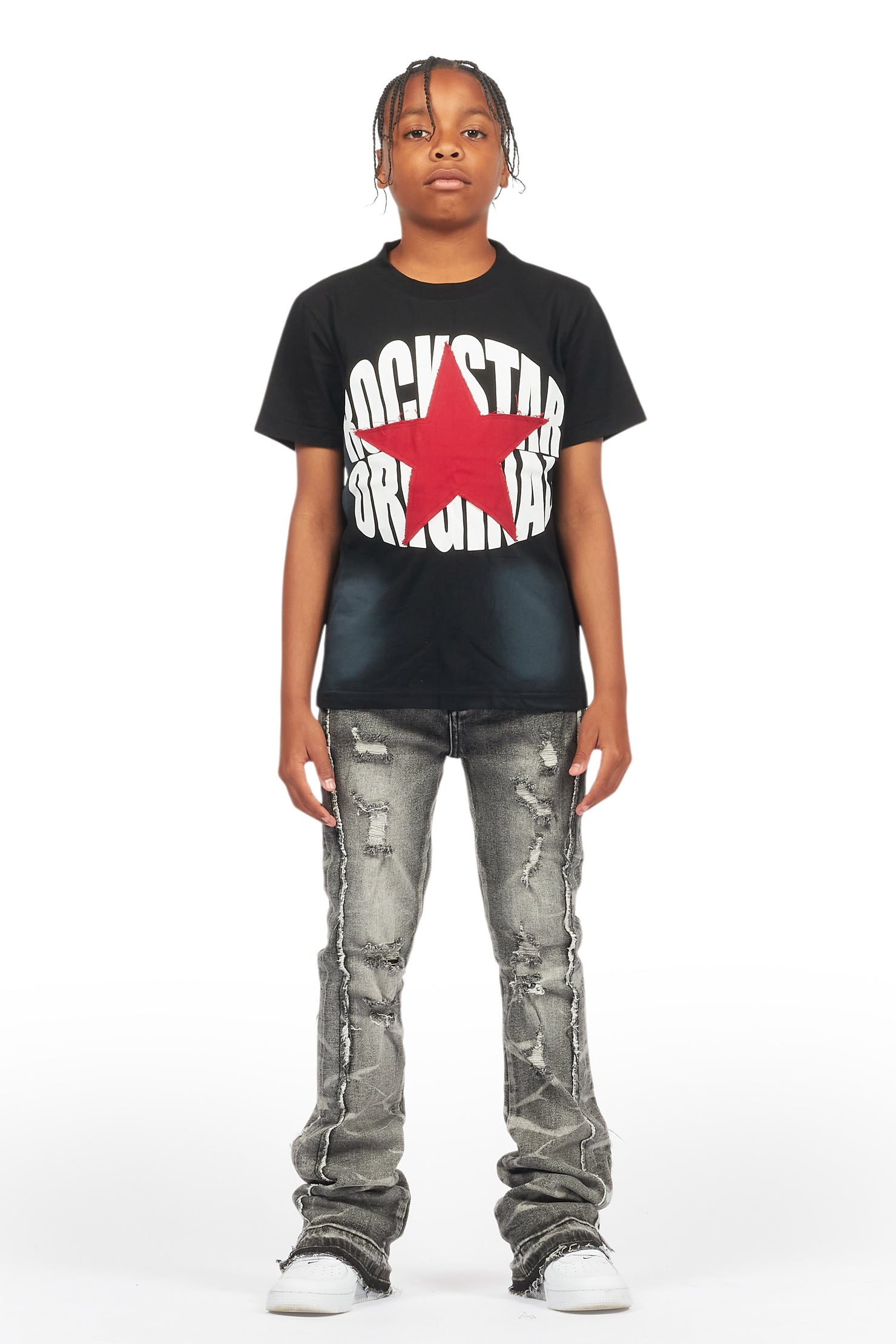 Boys Rugged Black Stacked Flare Jean