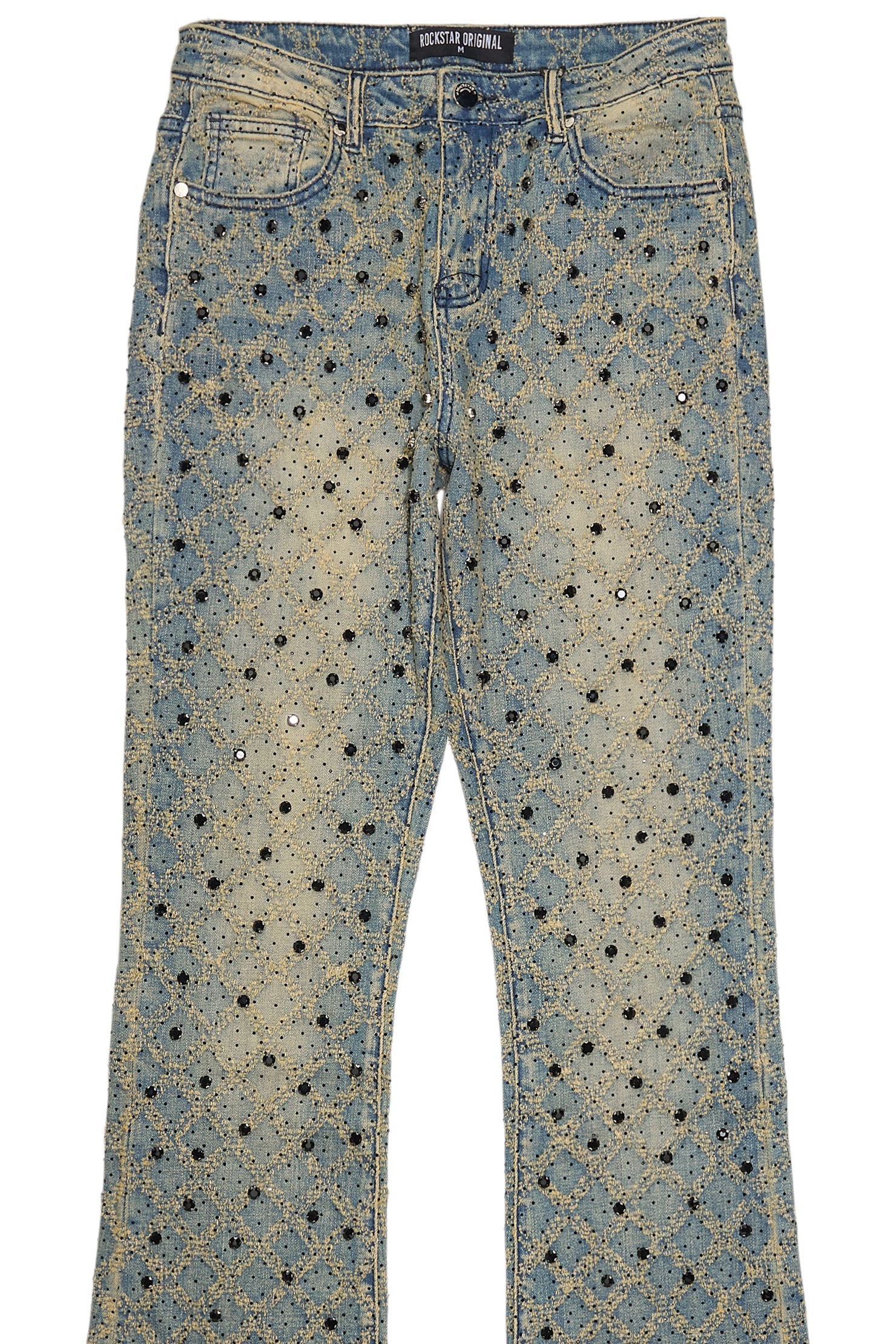 Sareka Tinted Dark Wash Rhinestone Stacked Flare Jean