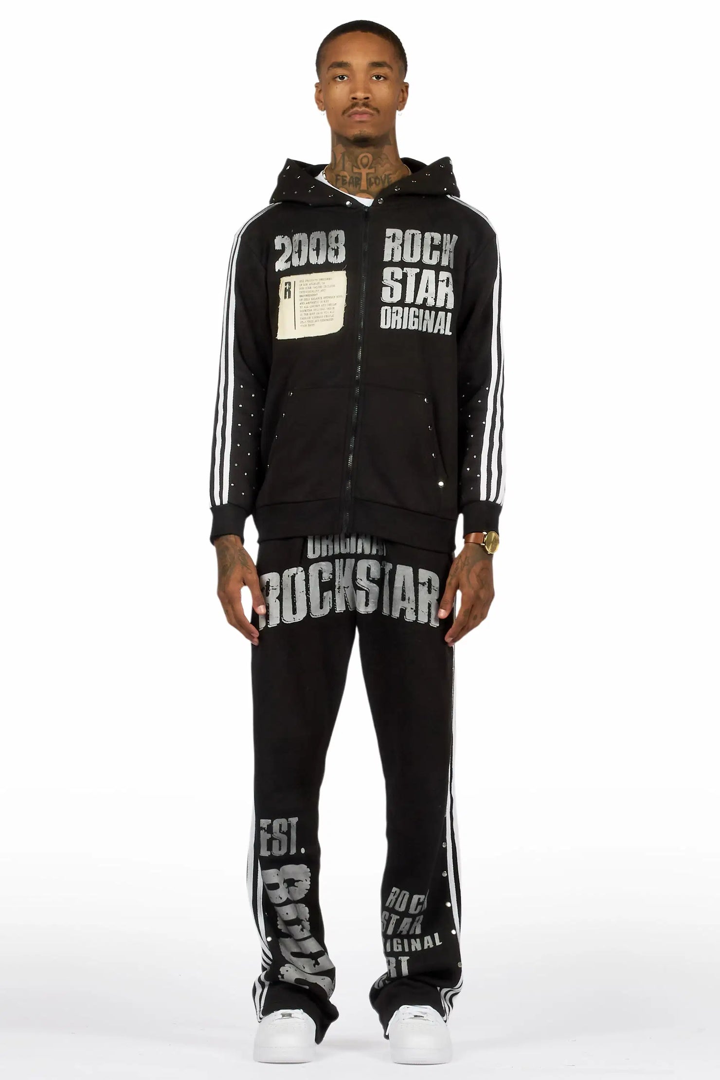 Gusti Black Rhinestone Stacked Flare Hoodie Track Set