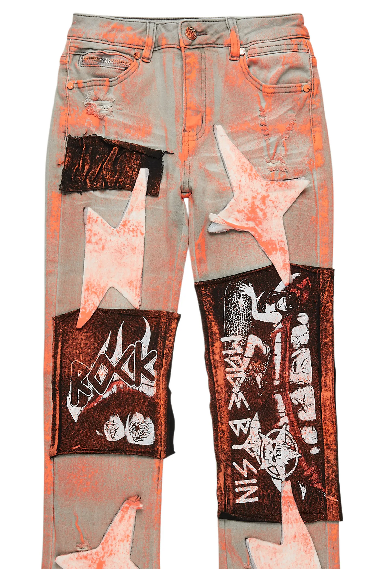 Boys Valko Grey/Orange Roller Paint Stacked Flare Jean