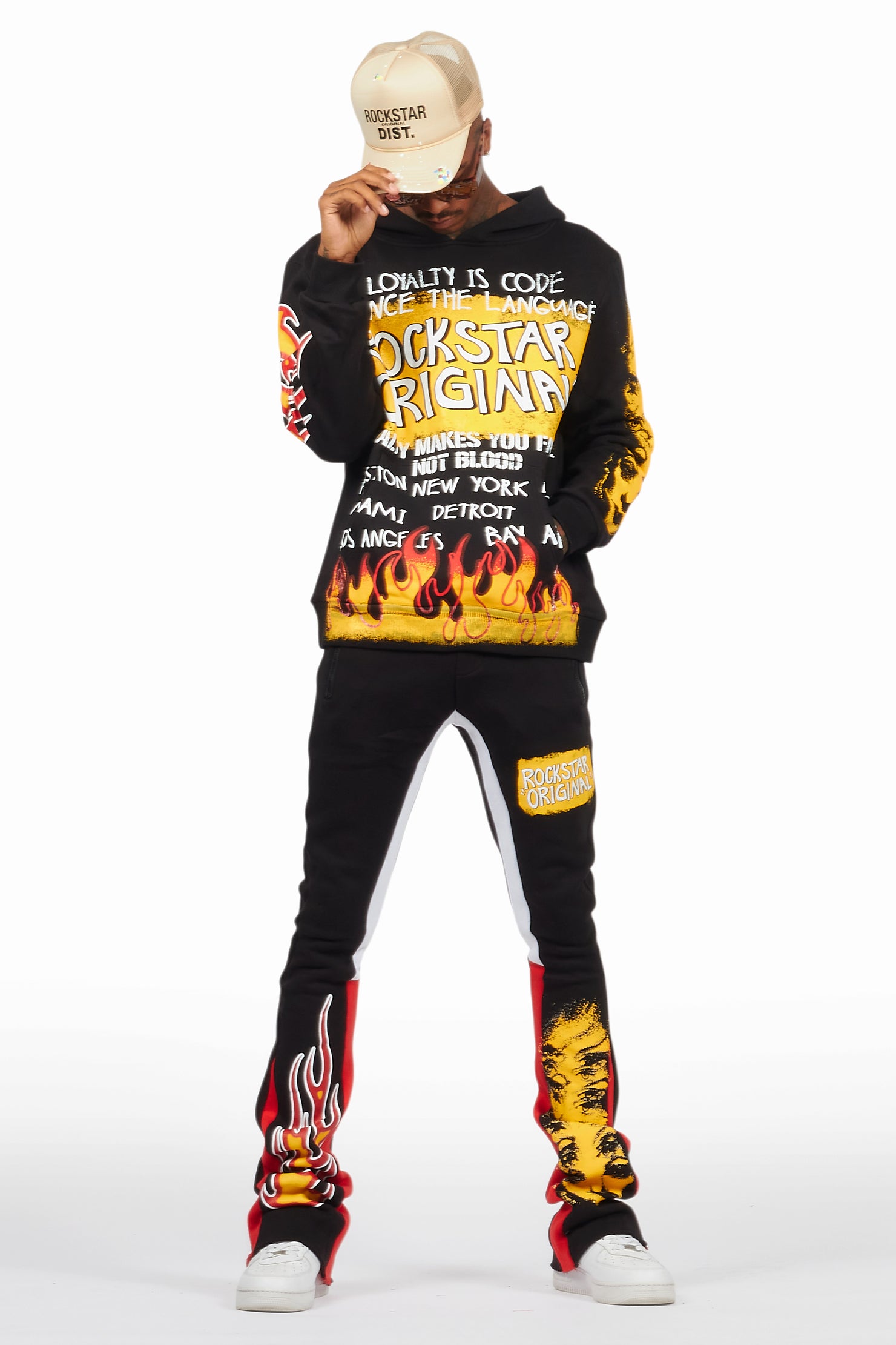 Beno Black/Yellow Stacked Flare Hoodie Track Set