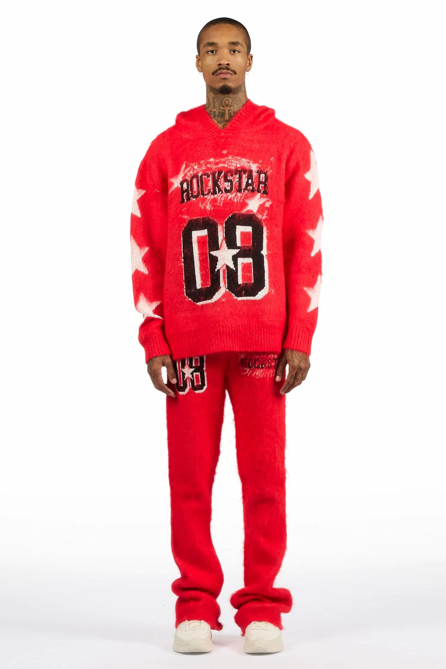 Allstar Red Hoodie Stacked Flare Knitted Mohair Track Set