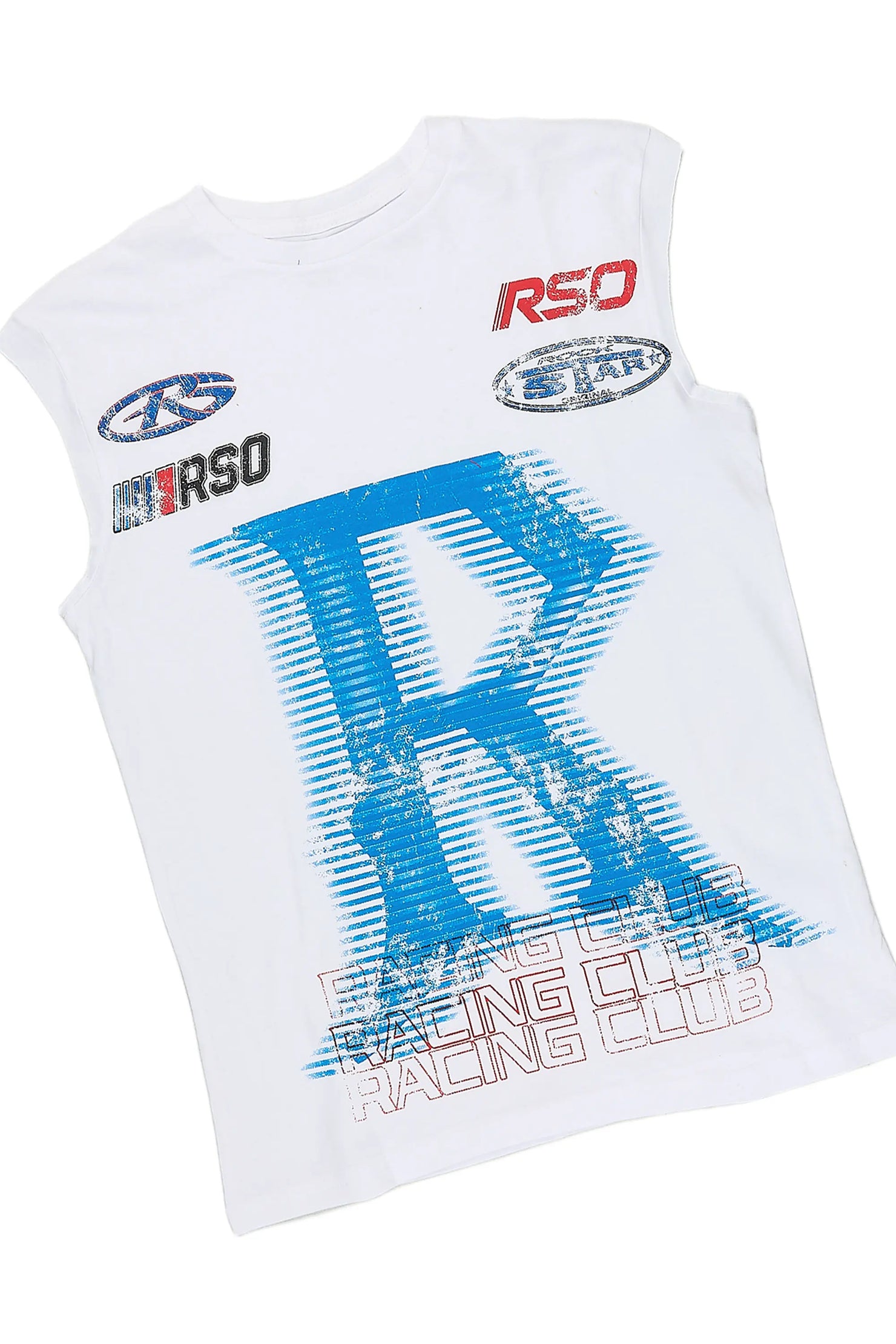 Boys Domarion White/Blue Cut Off T-Shirt Stacked Jean Set