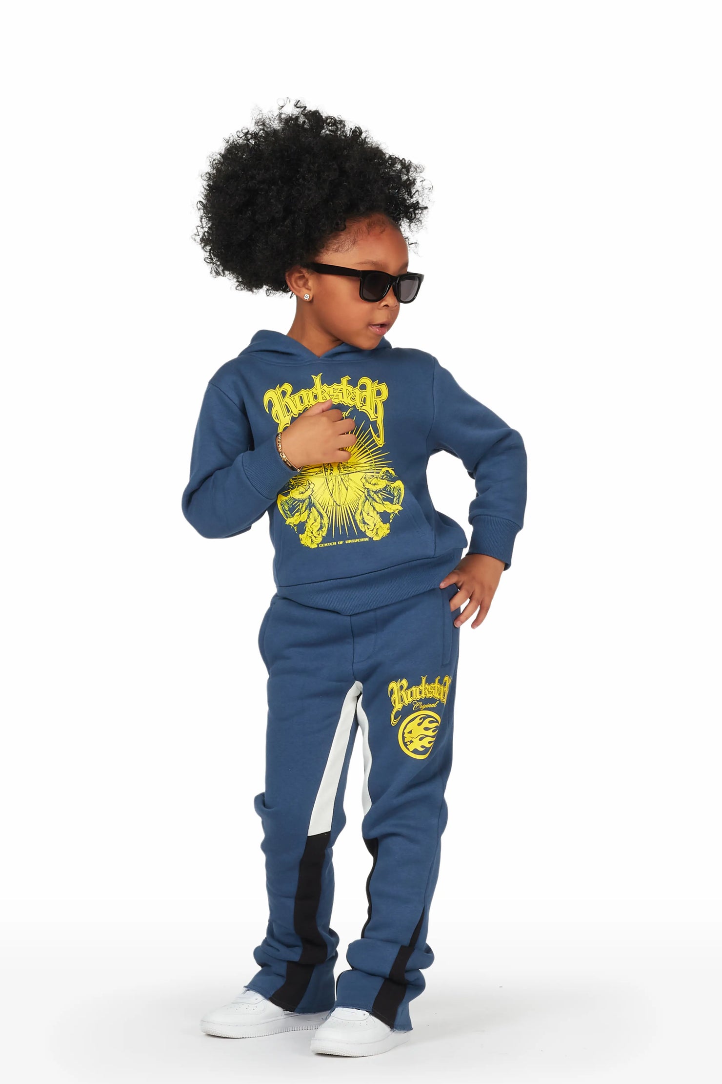 Girls Yadi Navy Hoodie Super Stacked Flare Track Set