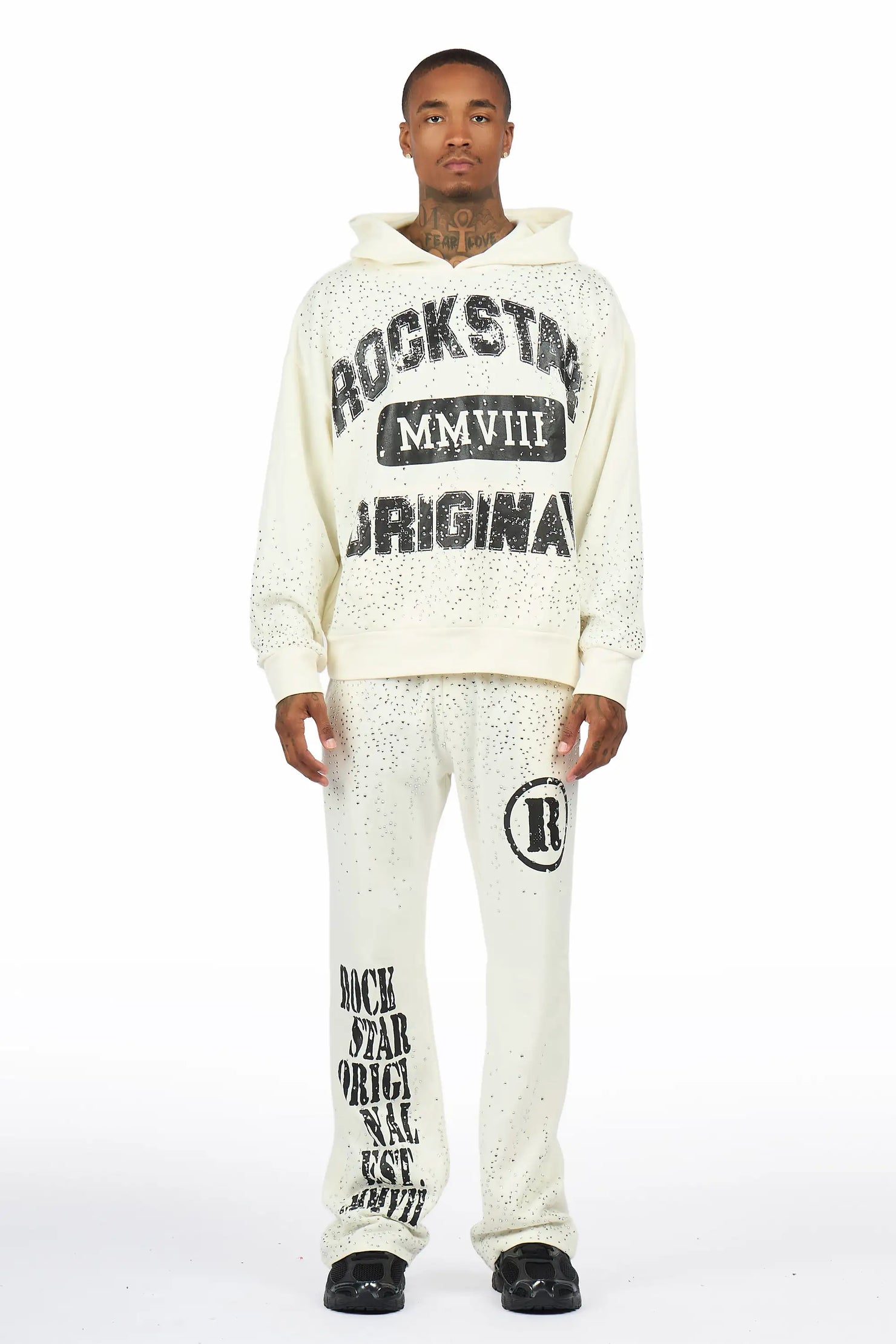 Borya Bone/Black Rhinestone Hoodie Relaxed Track Set