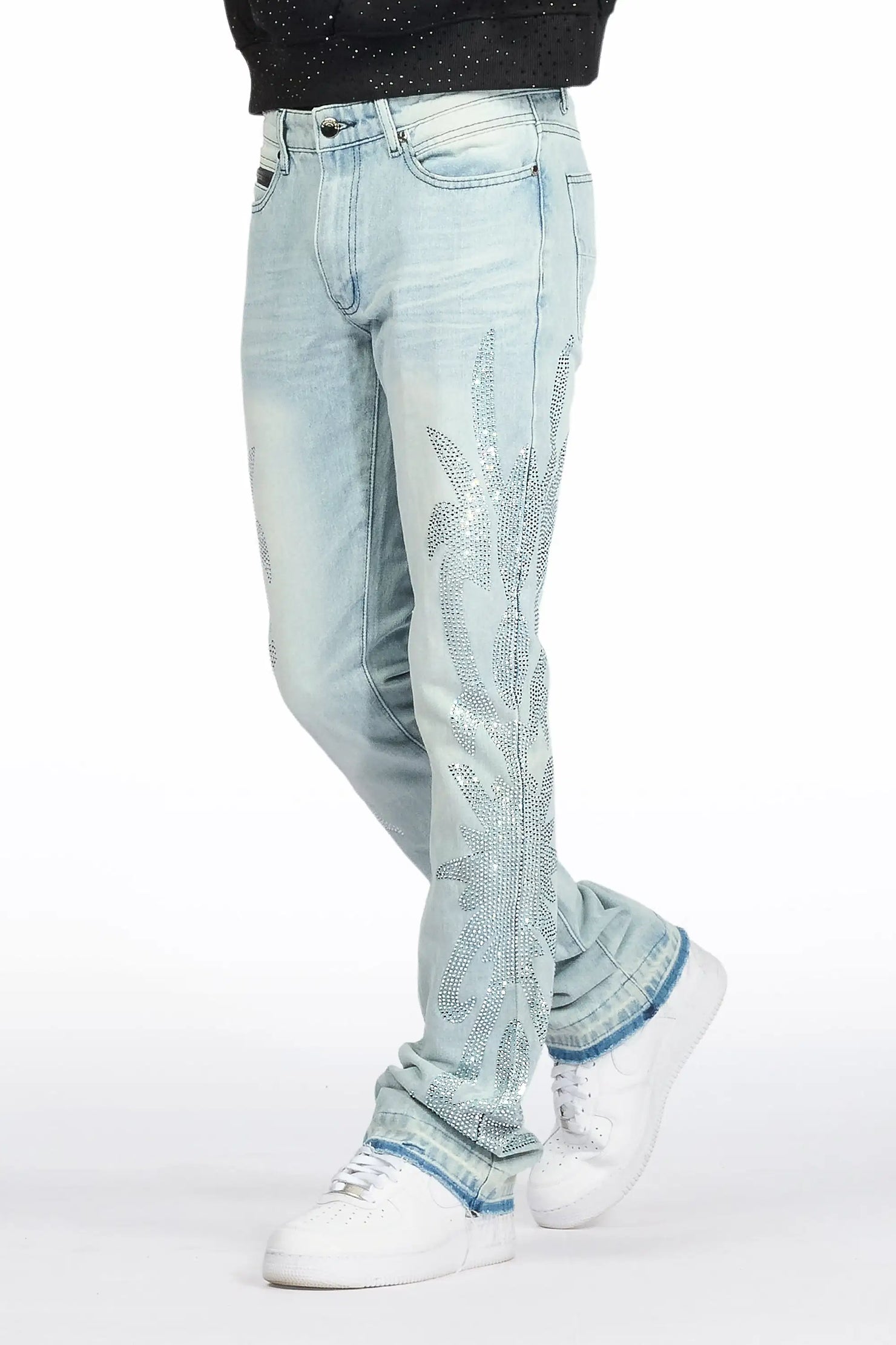 Shamaz Rhinestone Light Blue Stacked Flare Jean