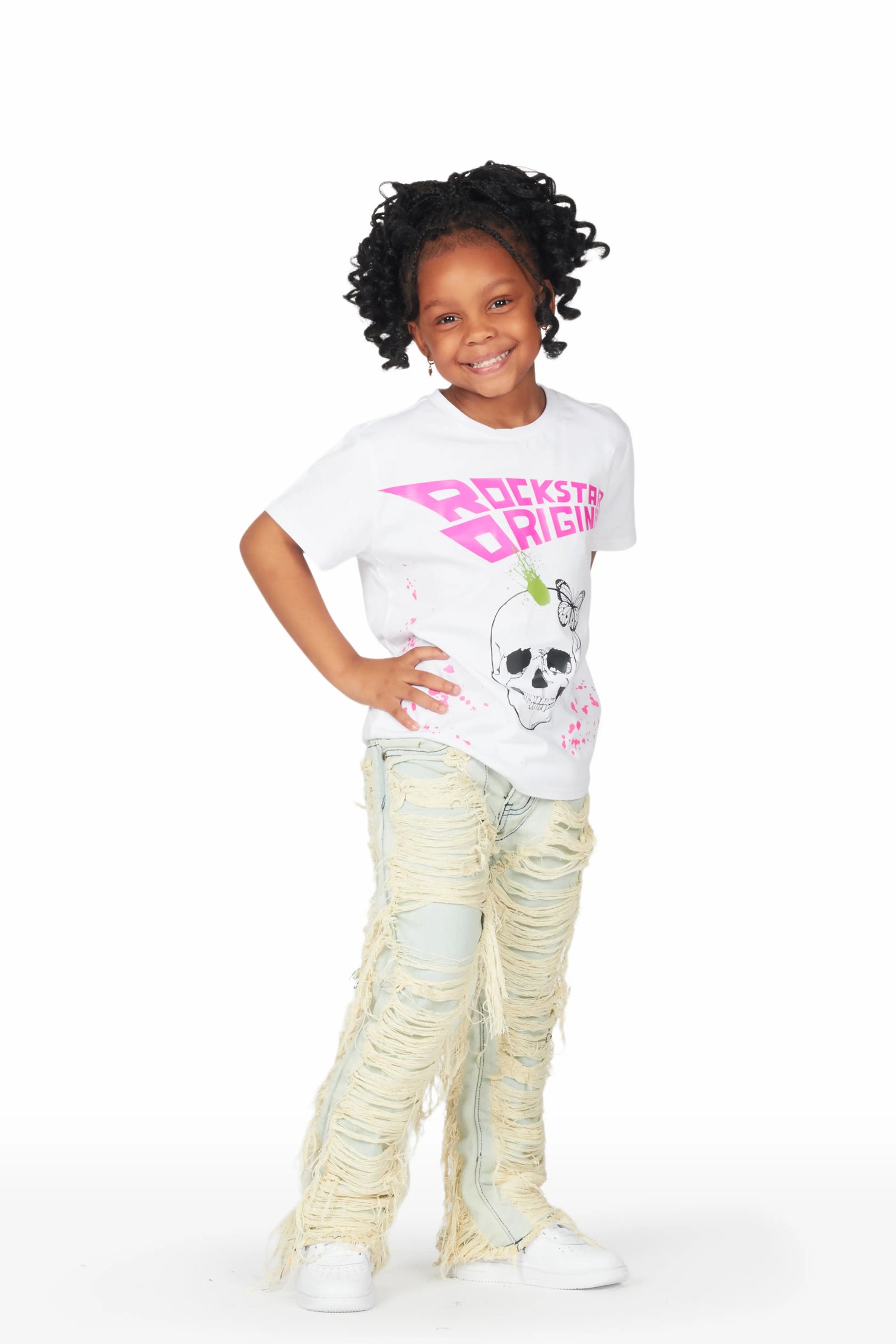 Girls Kaili White/Blue T-Shirt/Stacked Flare Jean Set