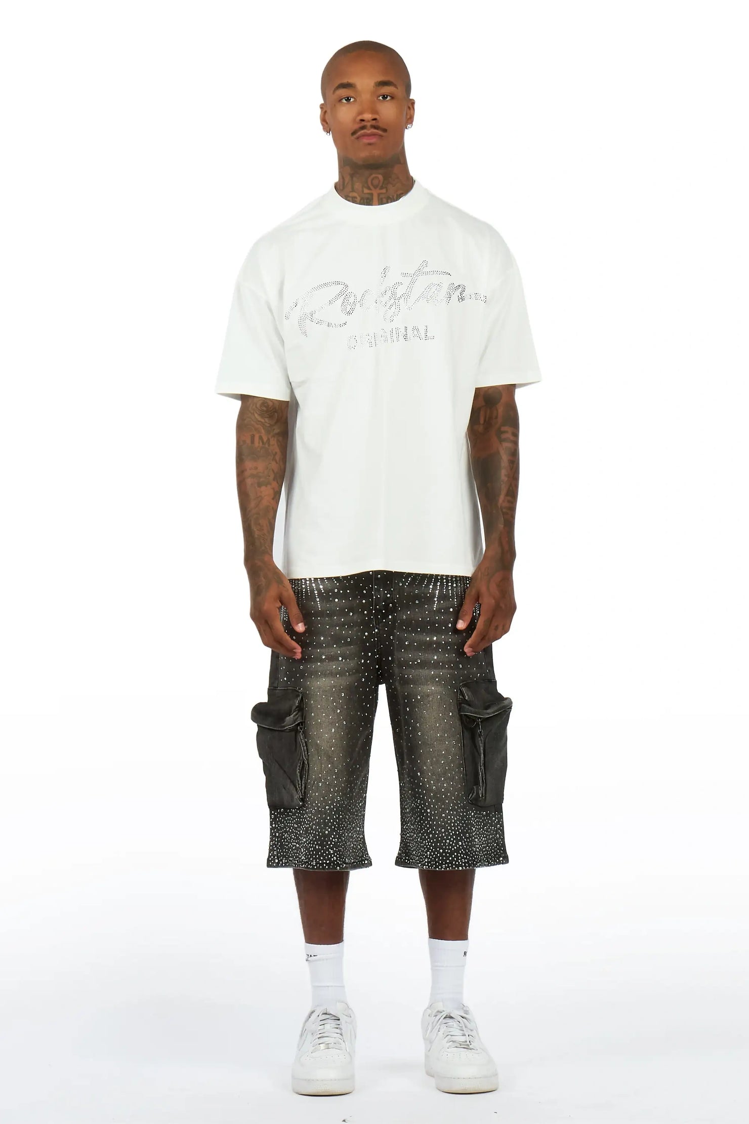 Keoni White Rhinestone T-Shirt Denim Jort Set