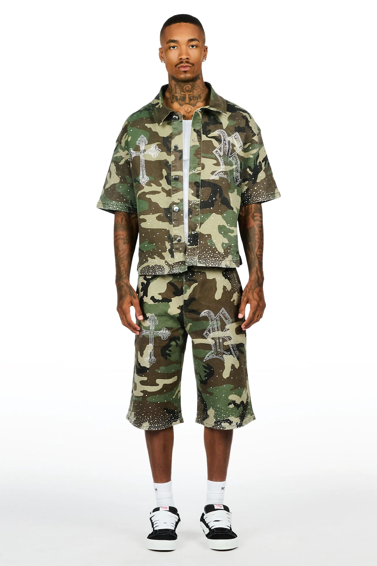 Clemente Camo Rhinestone Button Down Shirt Jort Set