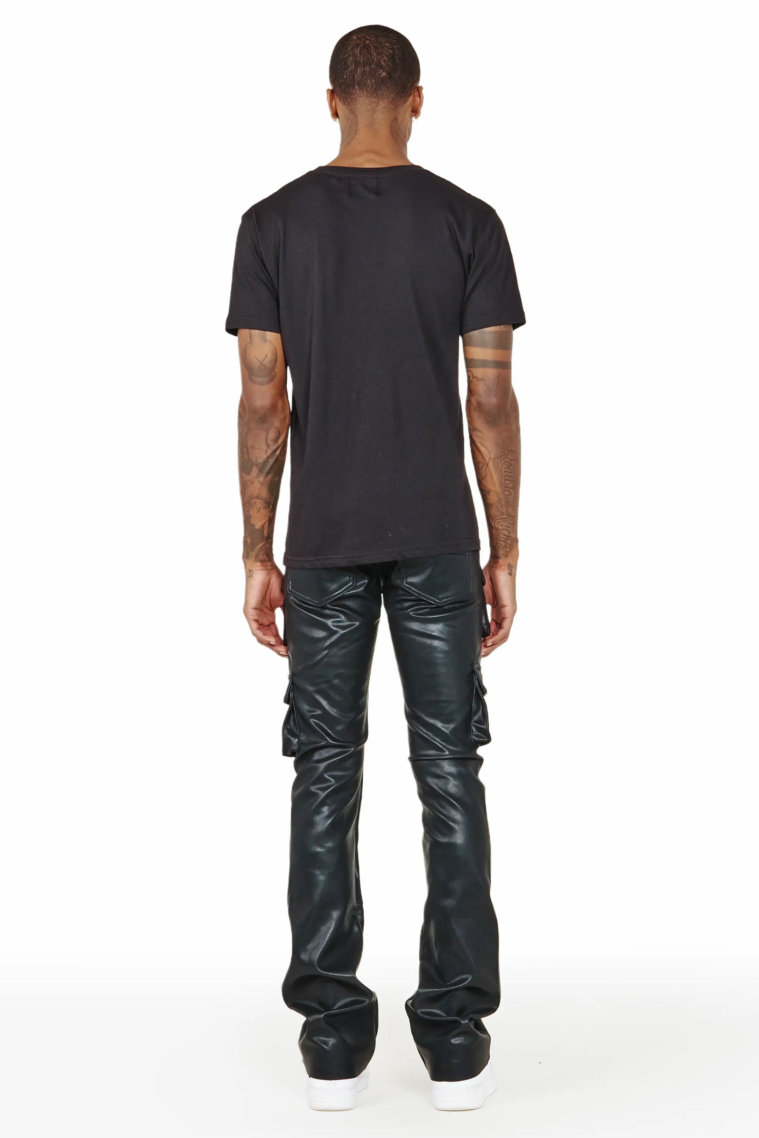 Khaza Black Faux Leather Stacked Flare Jean