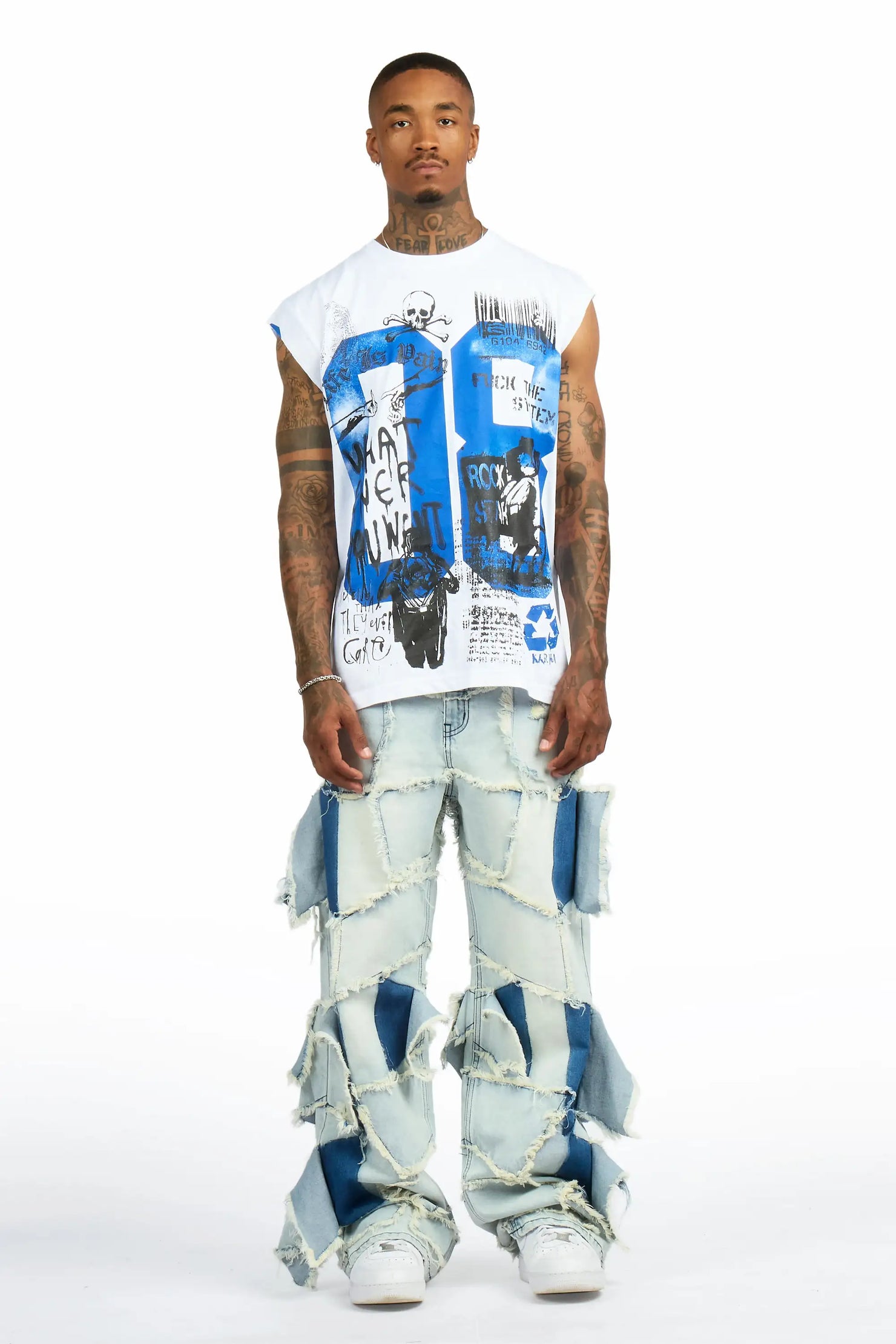 Grill 3.0 White/Blue Oversized Graphic T-Shirt & Jacomus Baggy Fit Jean Set