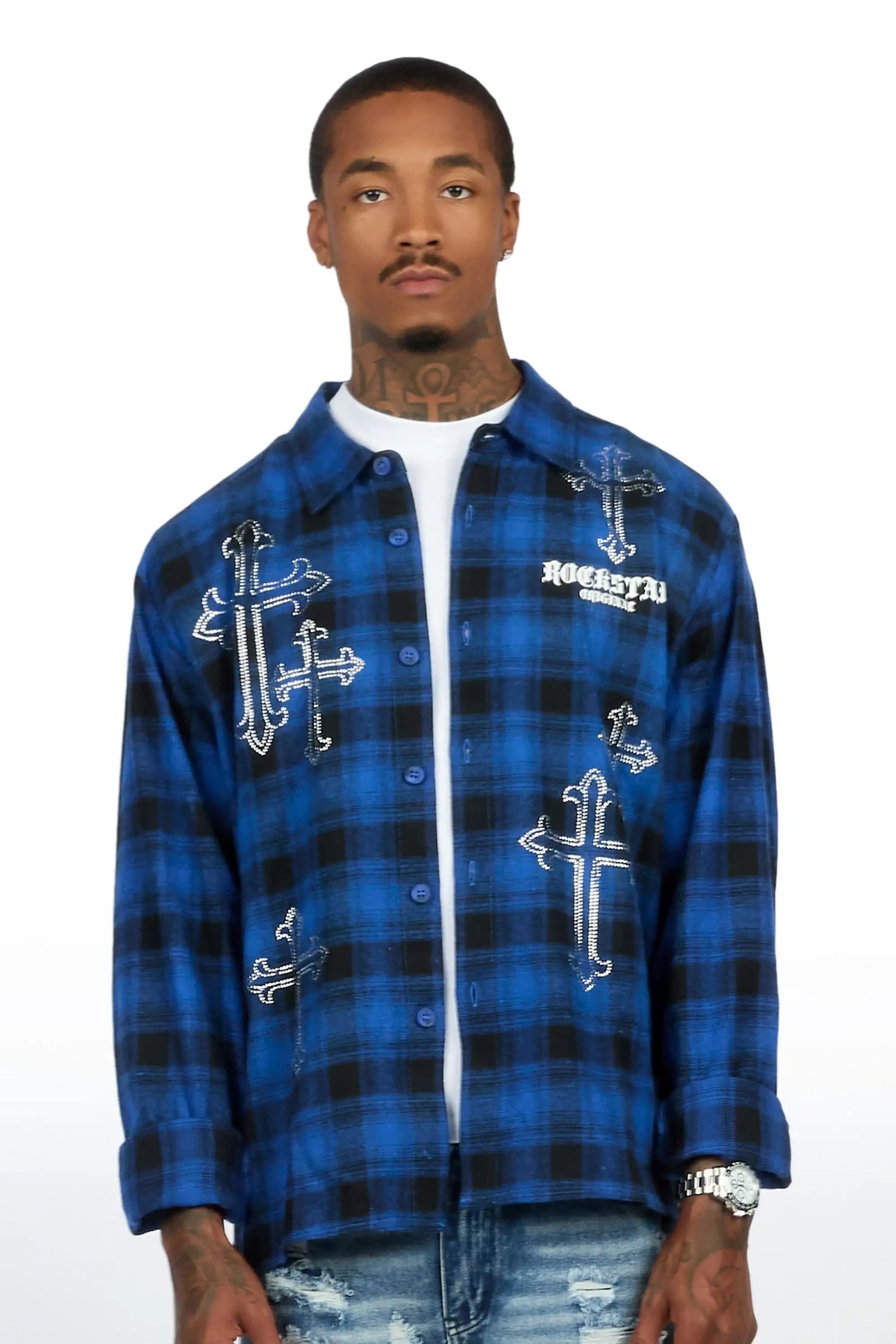 Poldi Royal Rhinestone Flannel Long Sleeve Shirt