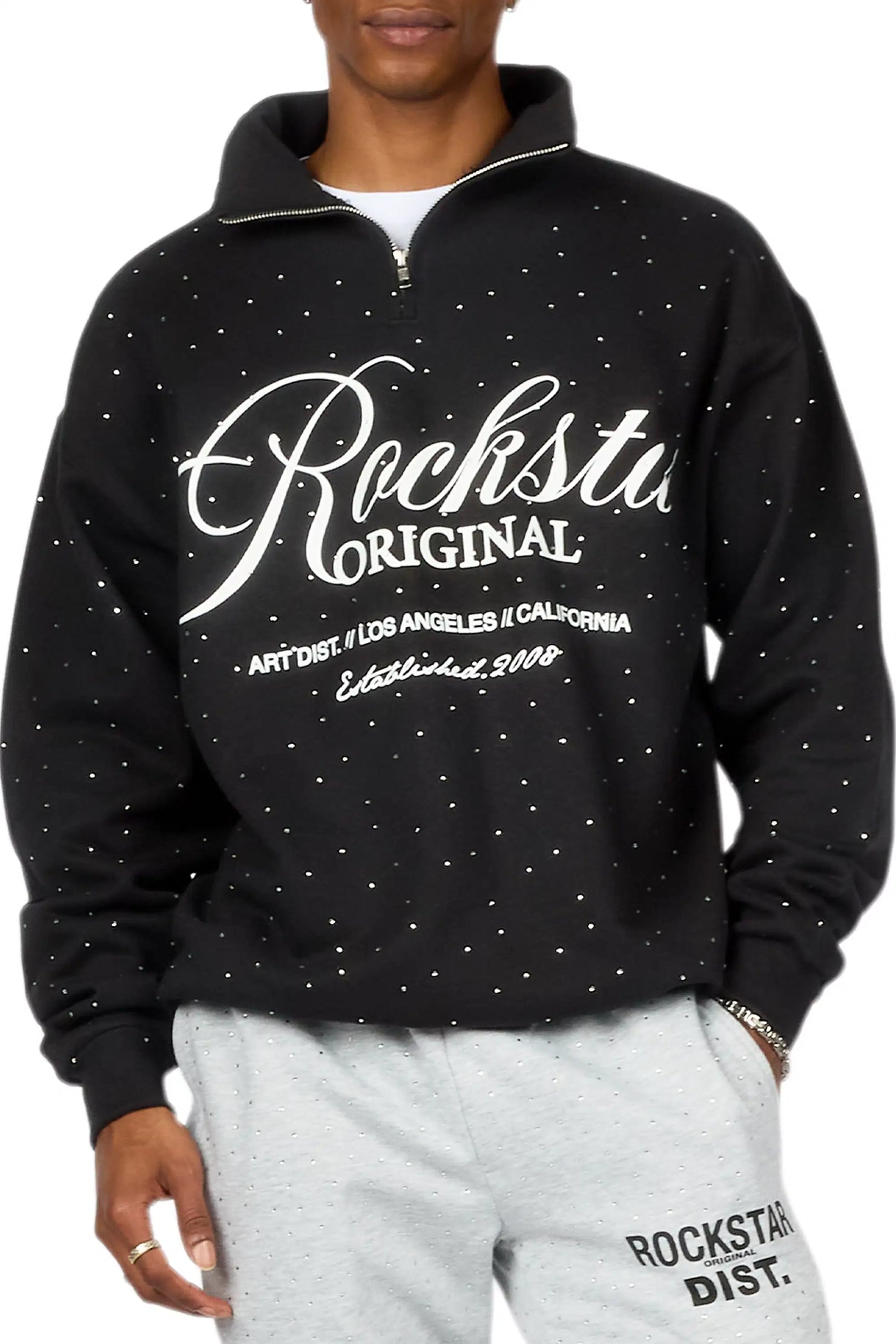 Cero Black Rhinestone Quarter-Zip Sweatshirt