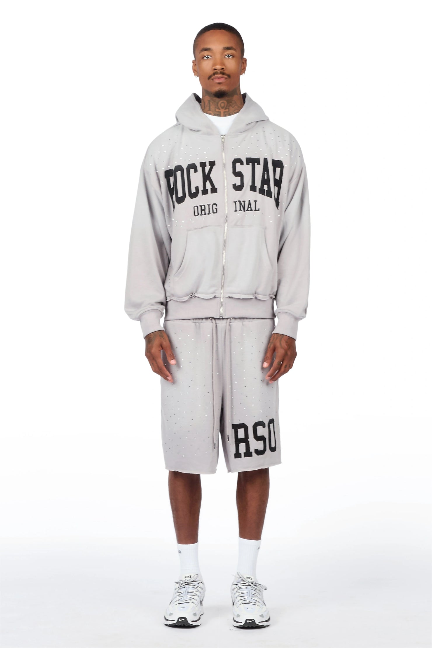 Akila Grey Rhinestone Hoodie Double Waisted Short Set