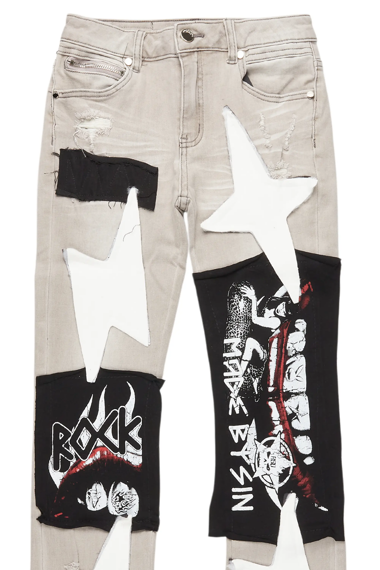 Boys Vadim Grey Patchwork Stacked Flare Jean