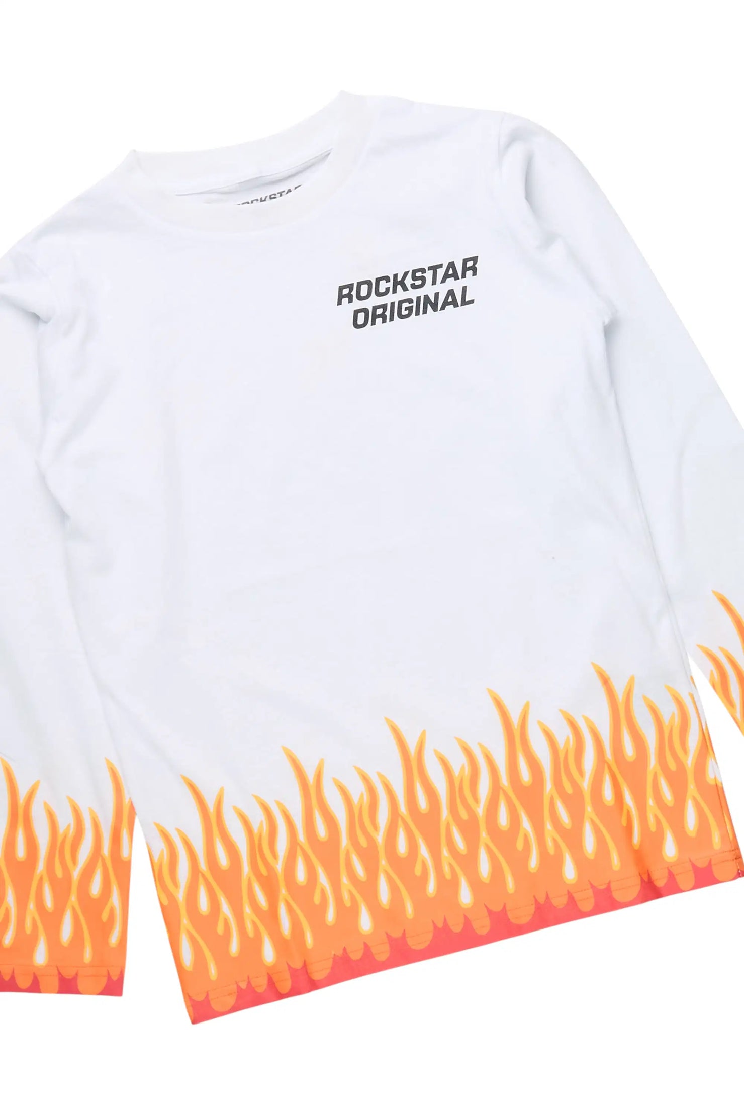 Boys Roeland White Long Sleeve T-Shirt & Laban Blue Bleach Stacked Flare Jean Set
