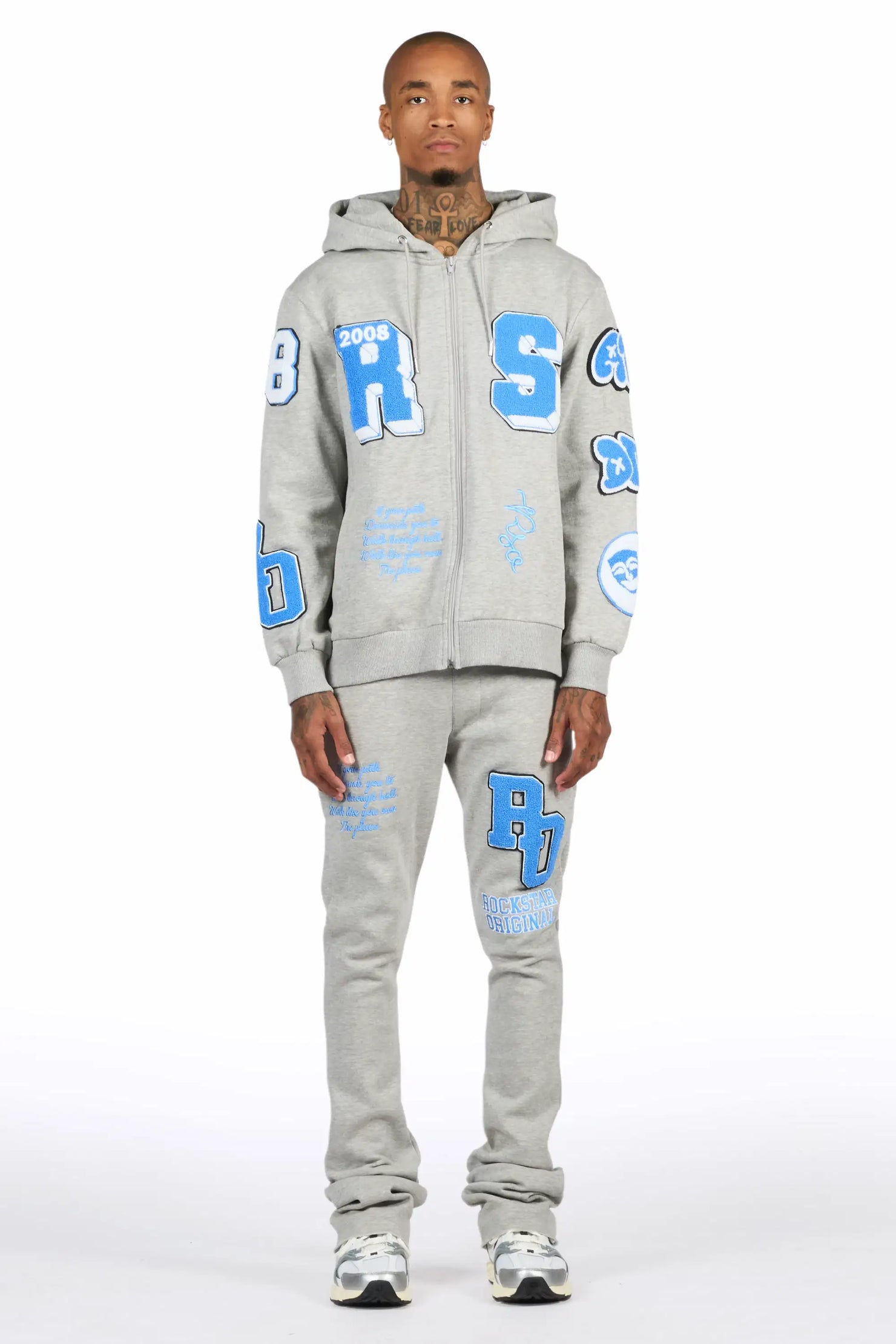 Leslaw Heather Grey Zip Up Hoodie Stacked Track Set