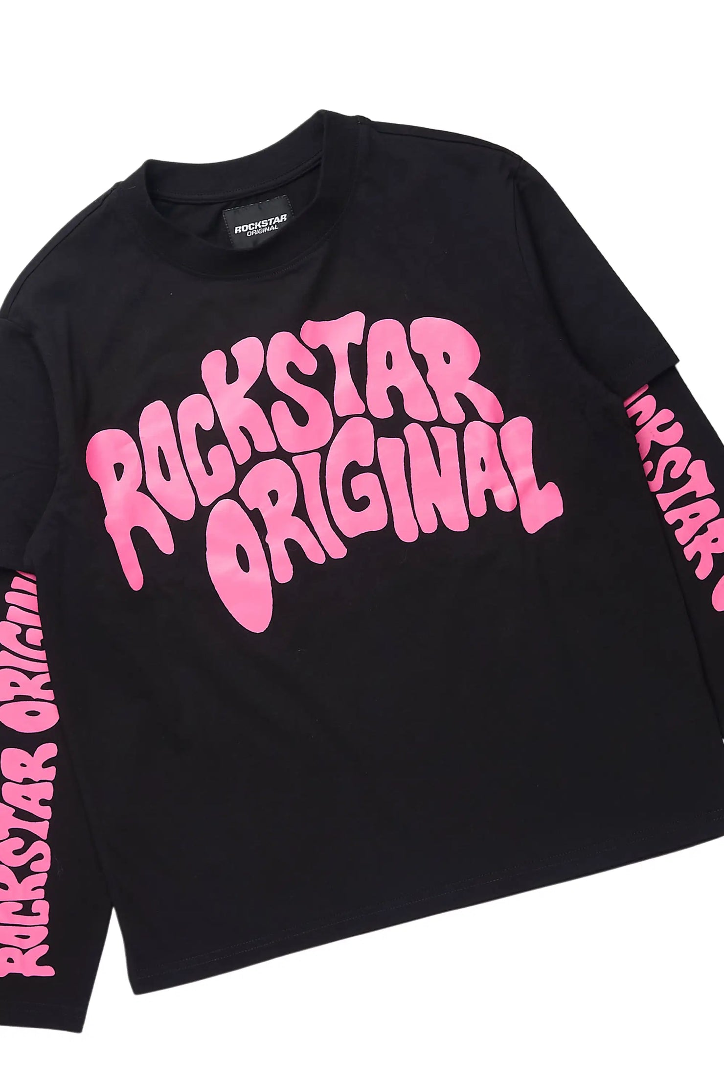 Girls Monique Black Double Layer T-Shirt Stacked Flare Track Pant Set
