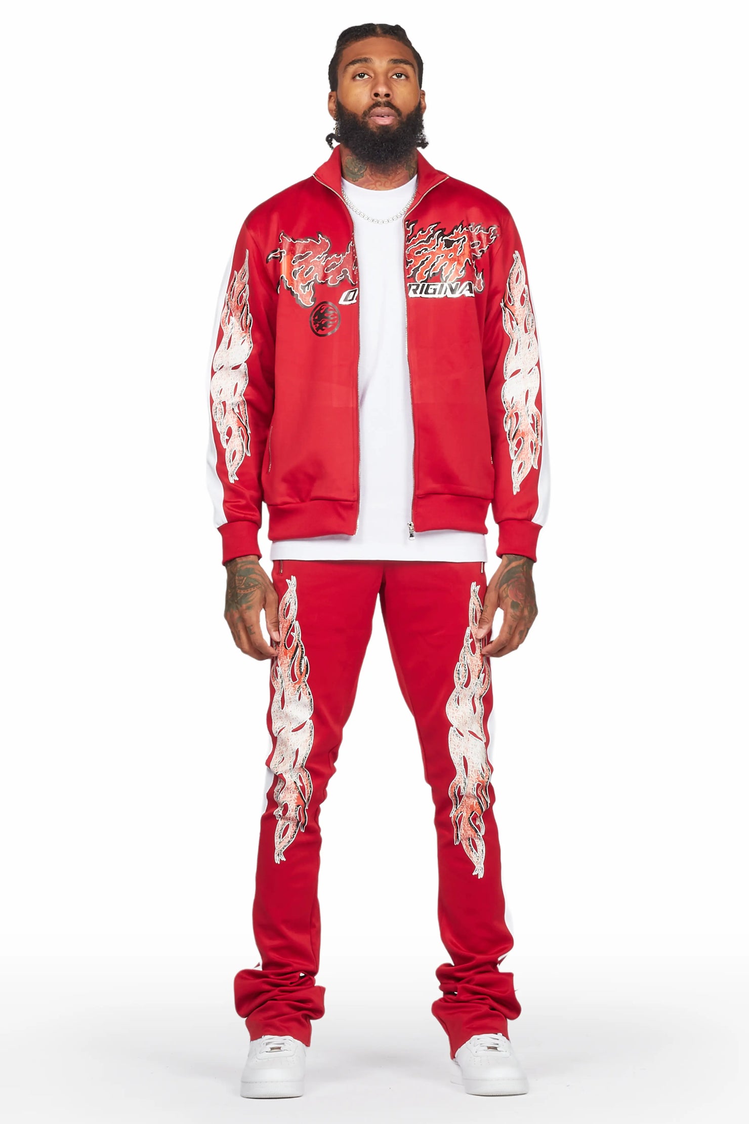 Yash Red Tricot Super Stacked Flare Track Set