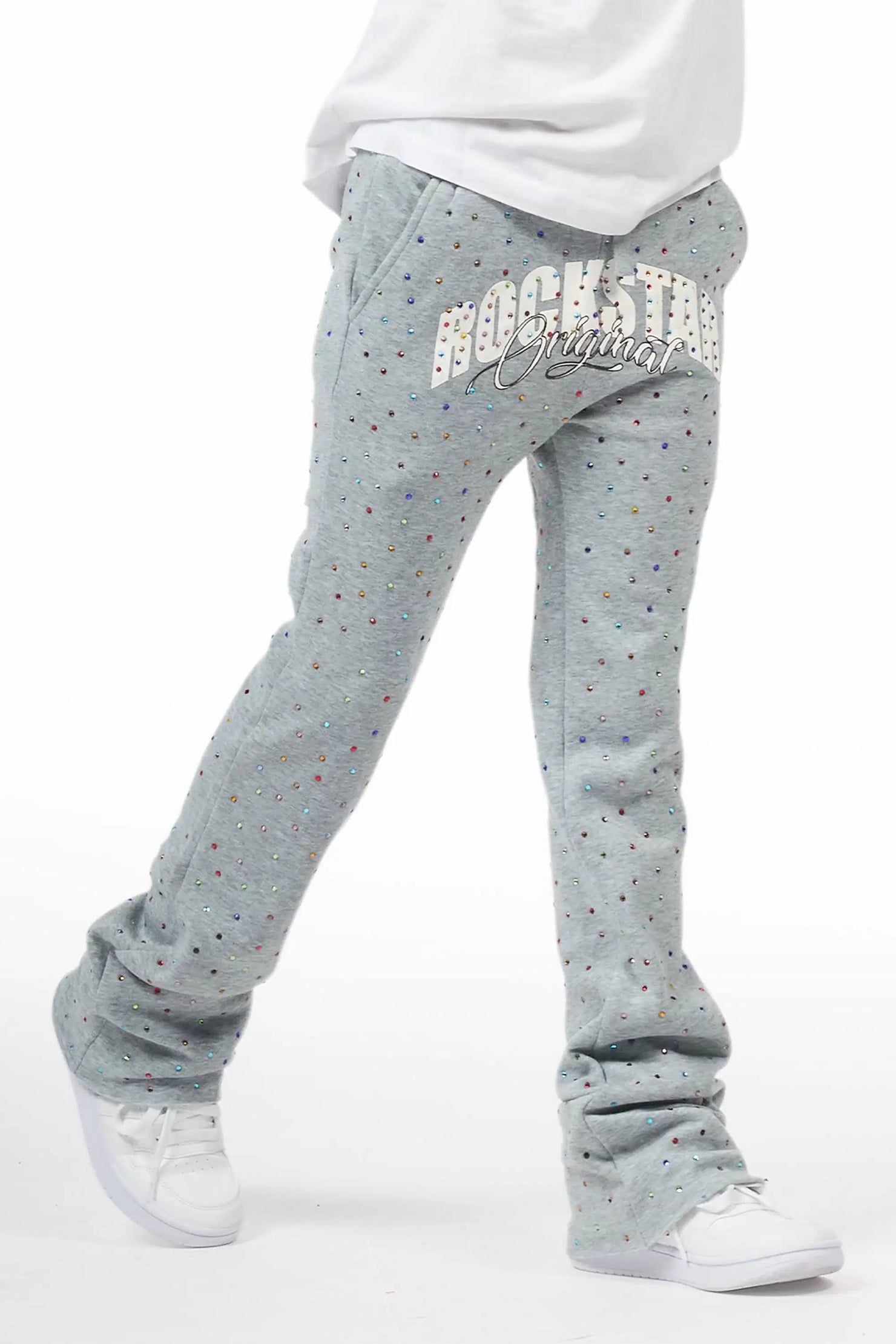 Boys Franchesco Heather Grey Rhinestone Stacked Track Pant
