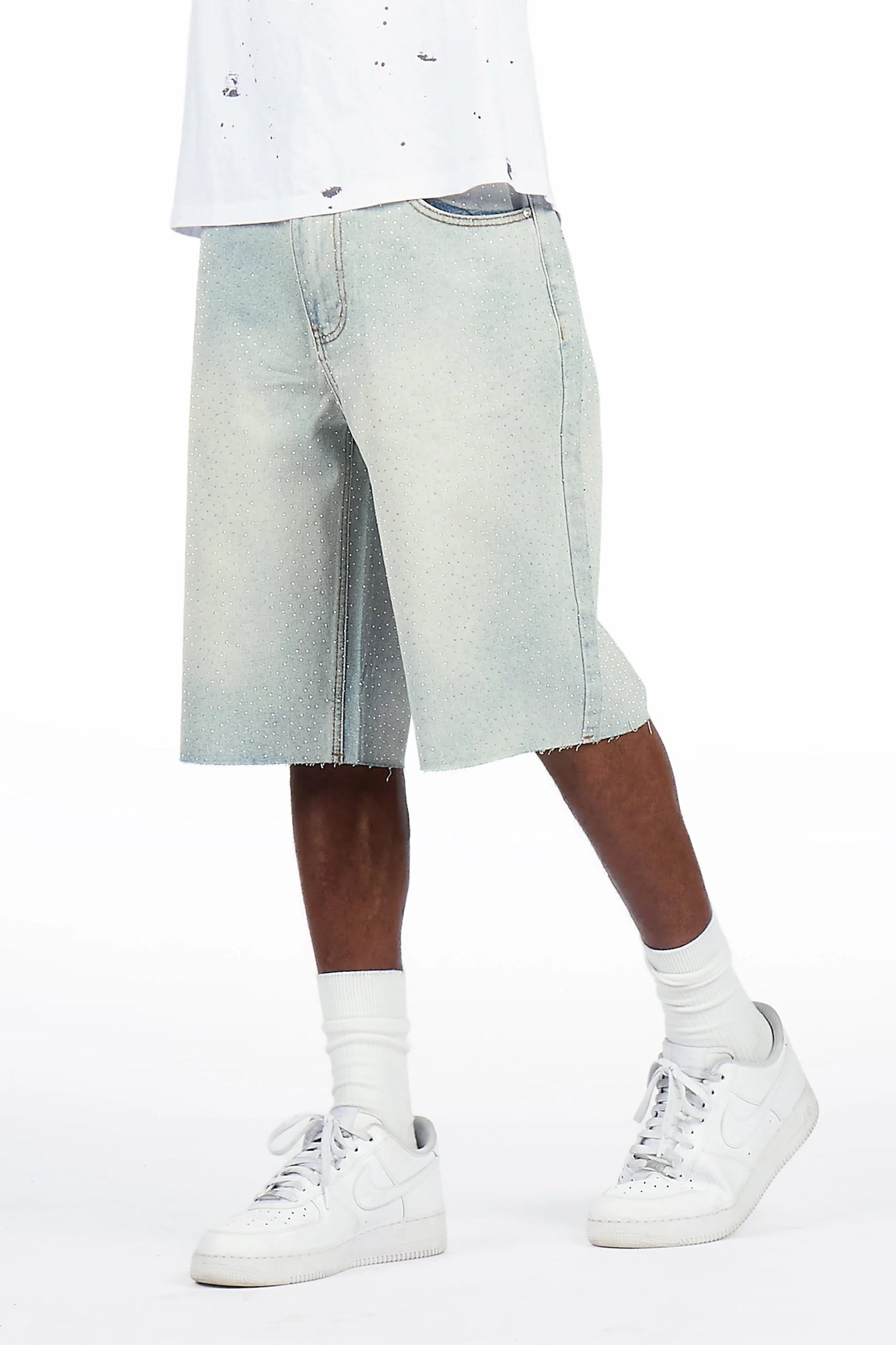 Brayan Light Blue Rhinestones Denim Short