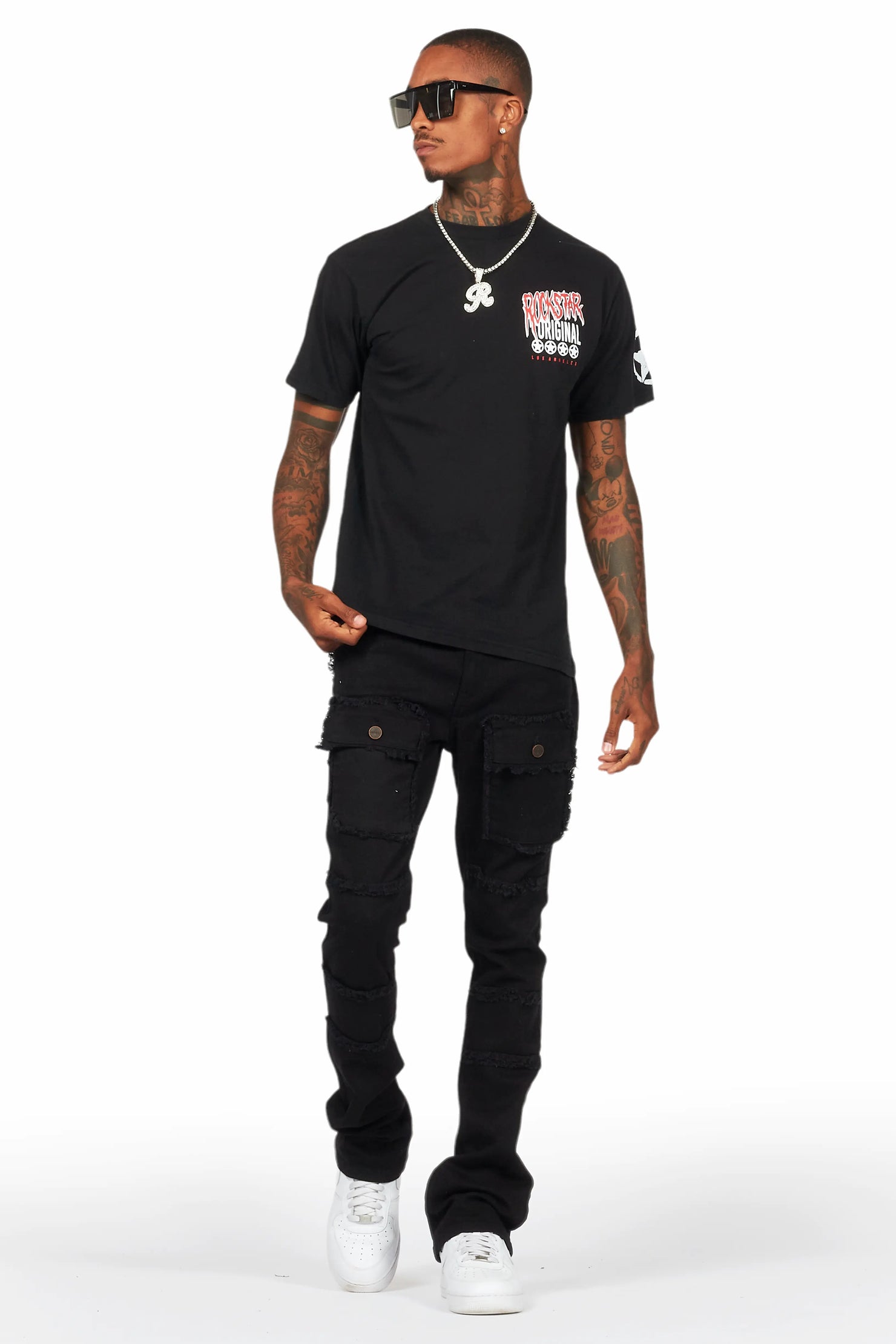 Wizzurd Black T-Shirt/Stacked Flare Cargo Jean Bundle