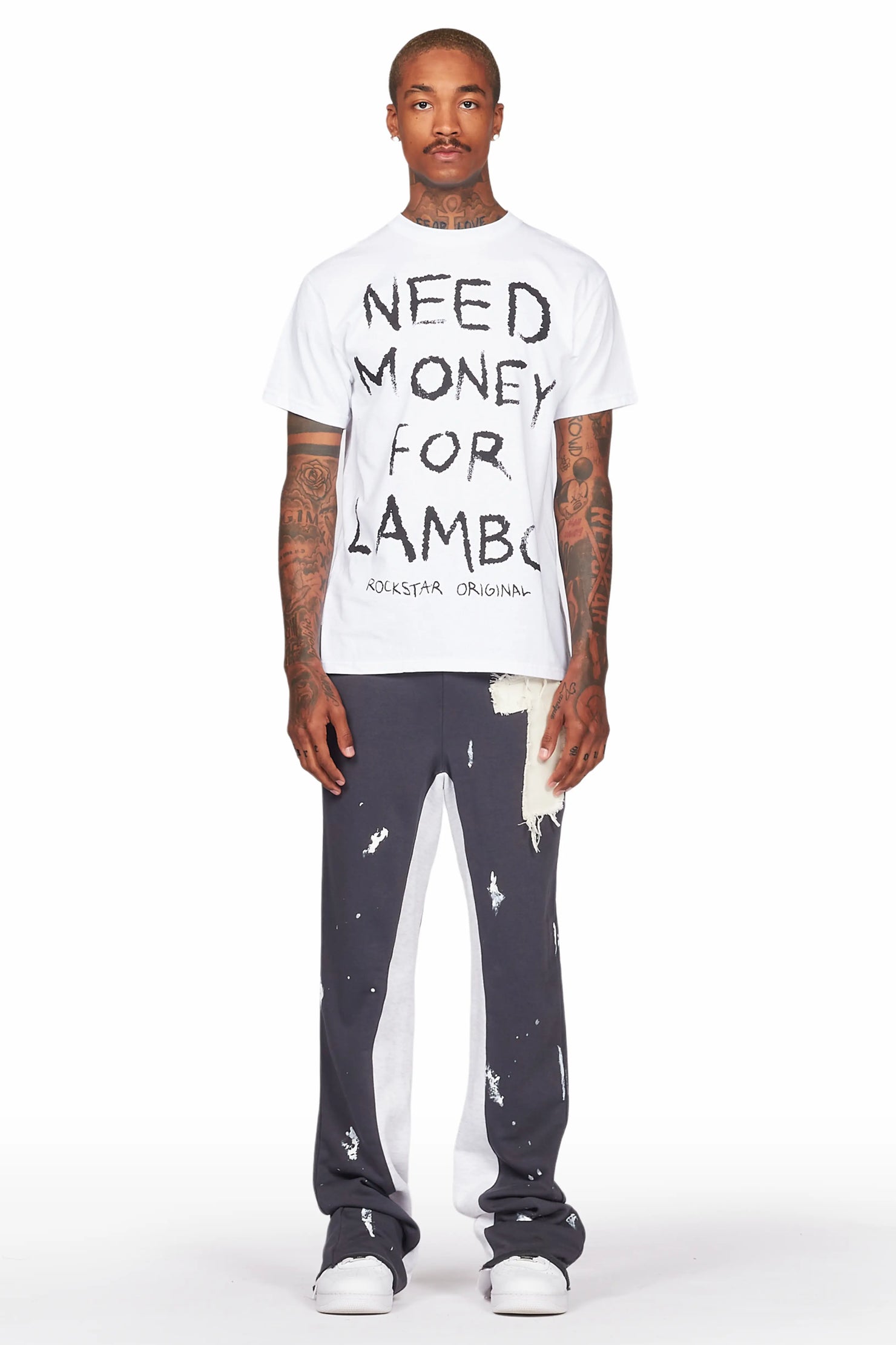 Baback Charcoal Patchwork Stacked Baggy Flare Pants