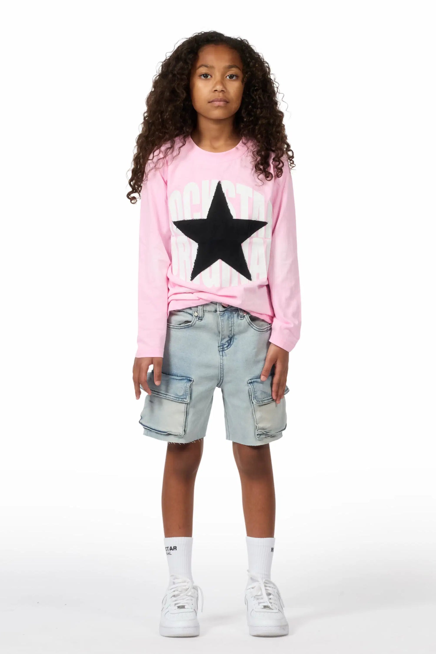 Girls Vary Pink/Black Long Sleeve T-Shirt/Denim Short Set