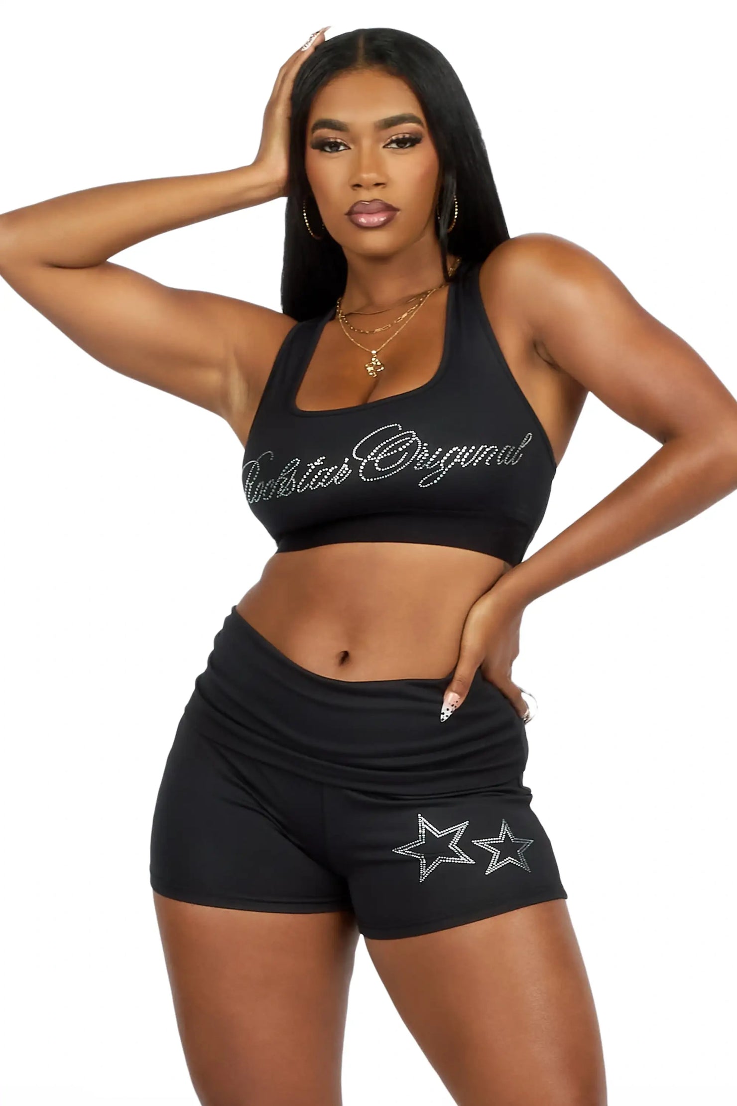 Arieona Black Rhinestone Sports Bra Foldover Short Set