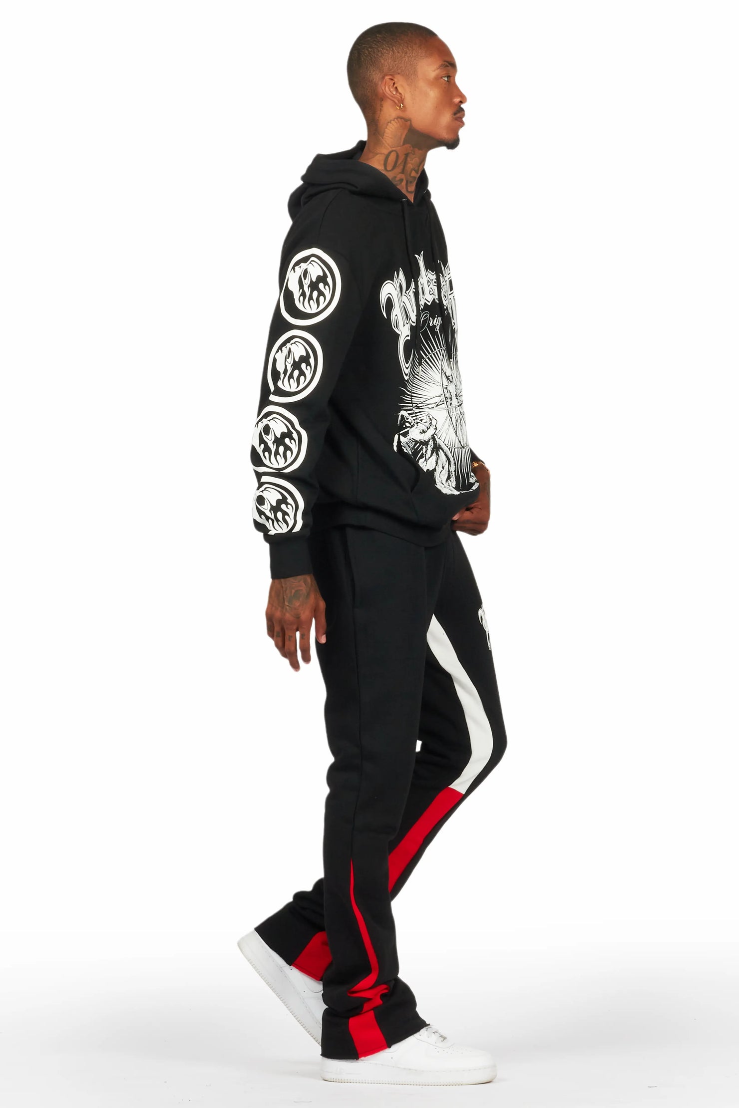 Yarden Black/Red Graphic Hoodie/Stacked Flare Pant Track Set