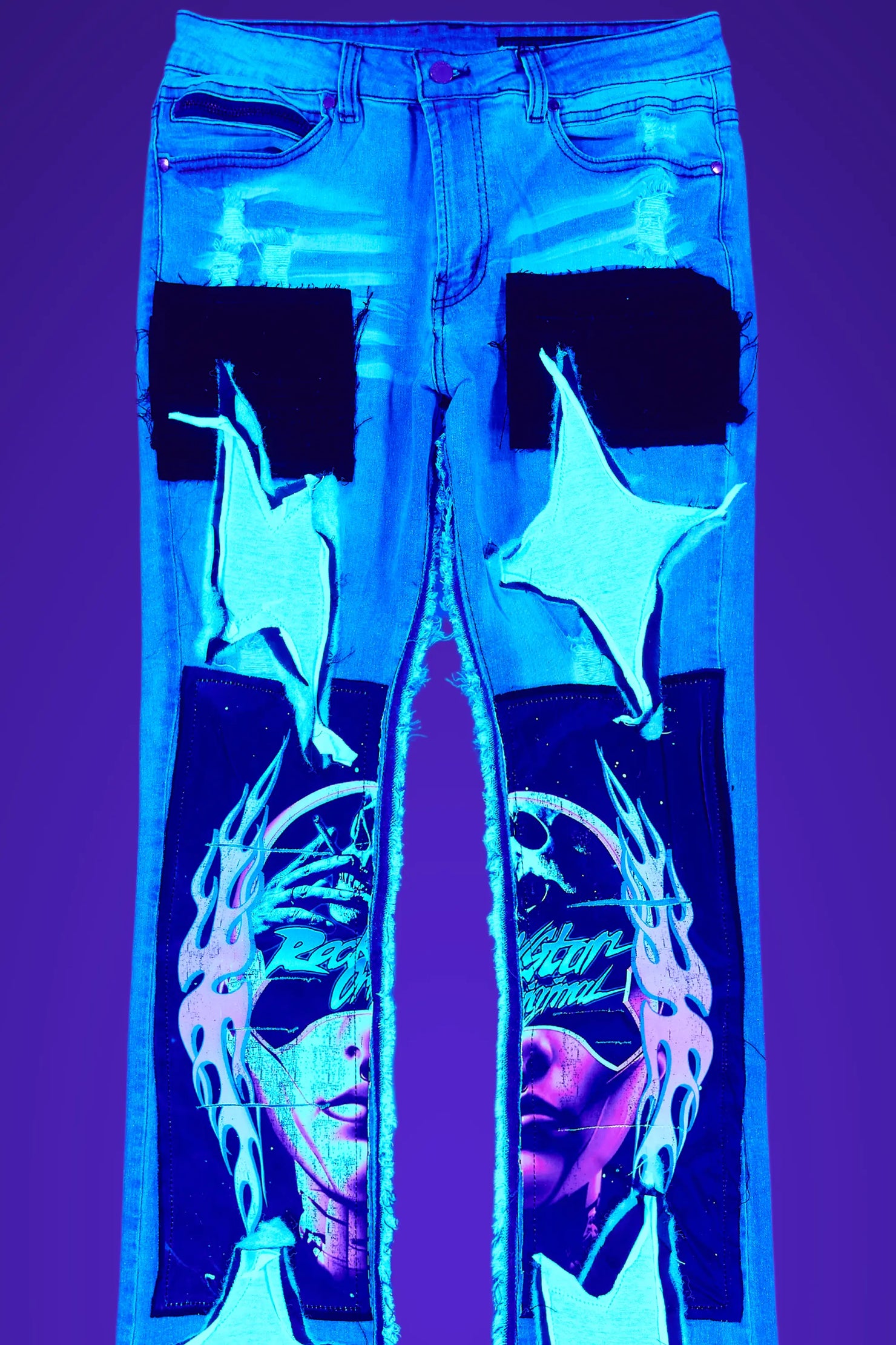 Helios Blue Patchwork Stacked Flare Jean