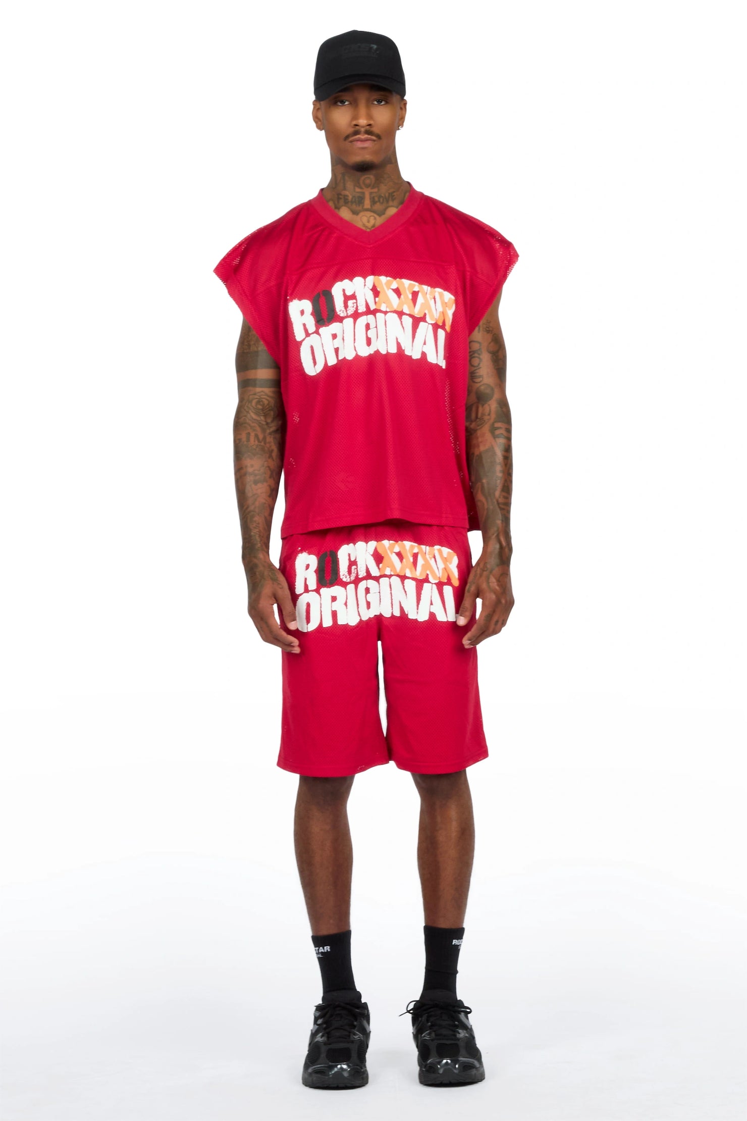 Crown Red Mesh Cut Sleeve Jersey Short Set
