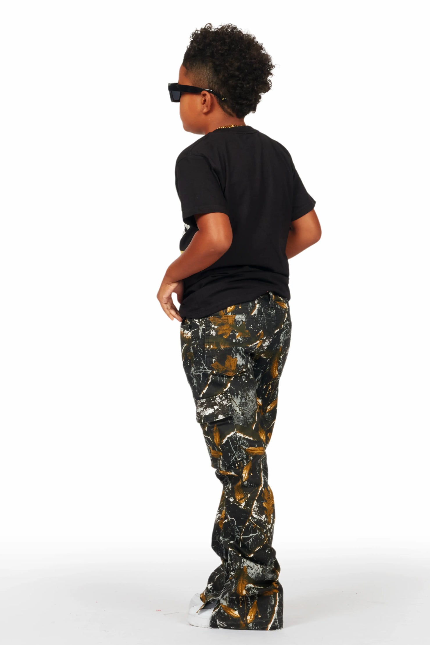 Boys Waage Black Tree Camo Stacked Flare Cargo Jean