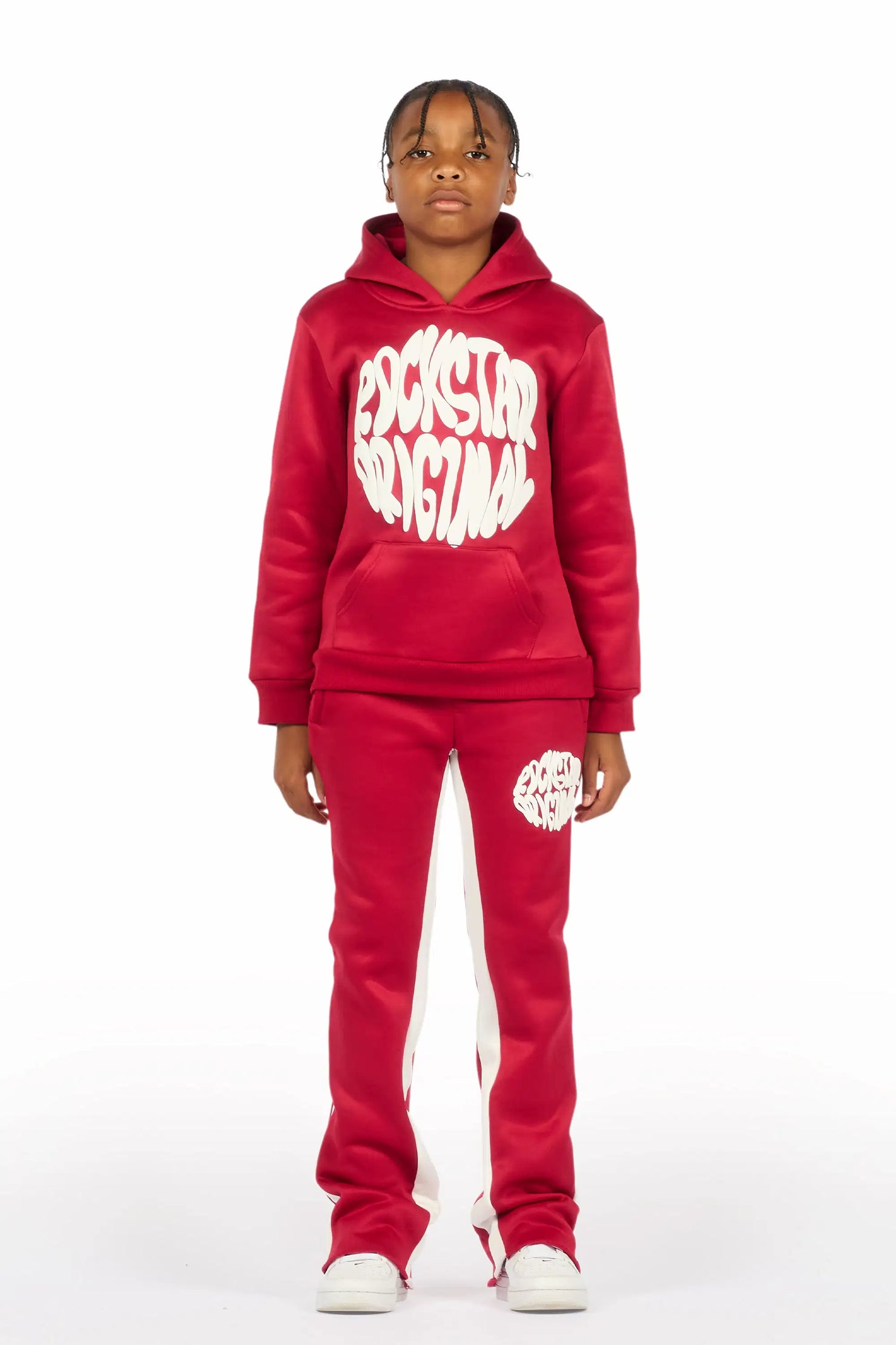 Boys Thierry Burgundy/White Stacked Flare Track Pant Set