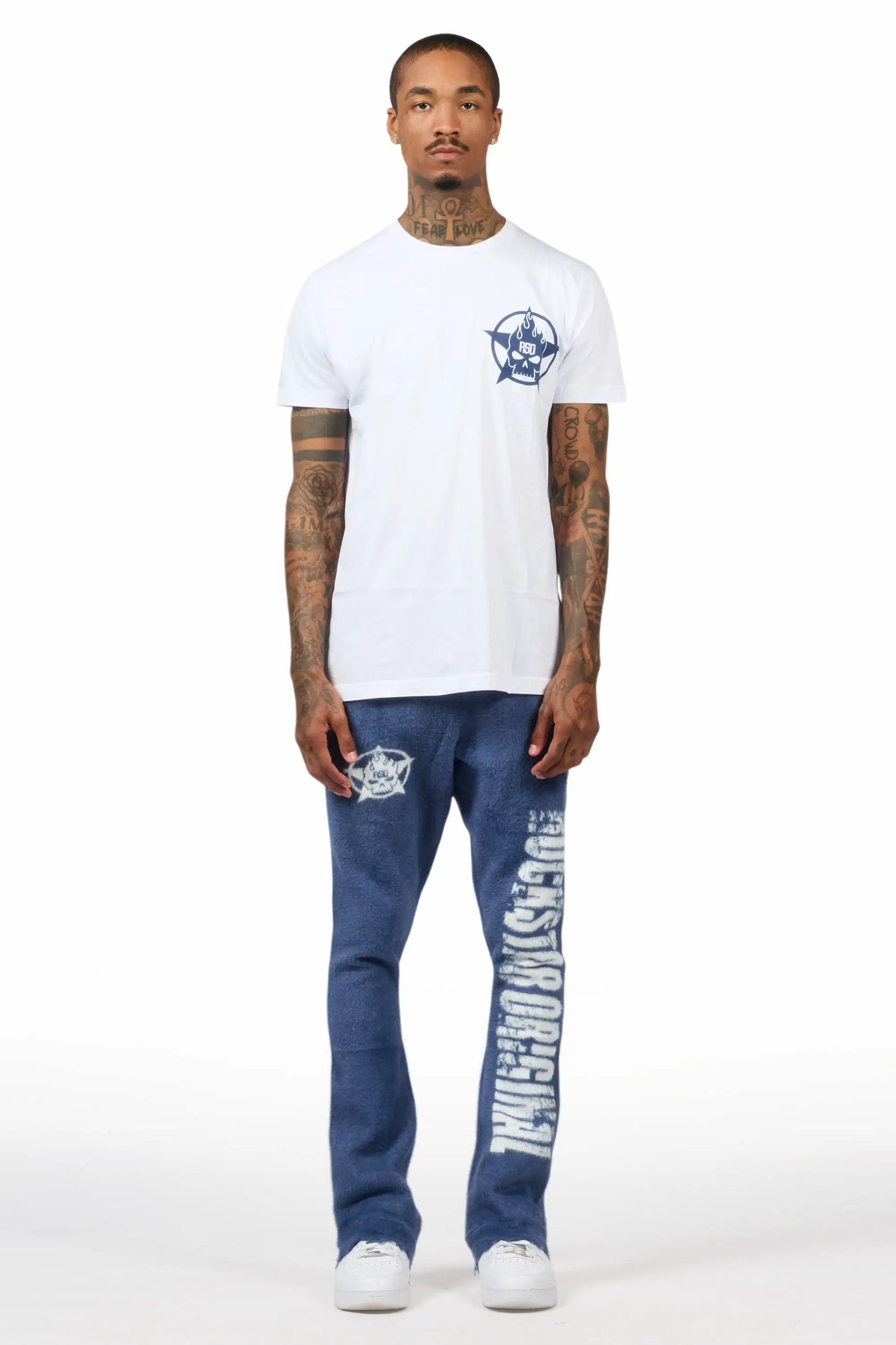 Keve White/Navy T-Shirt/Knitted Mohair Flare Pant Set