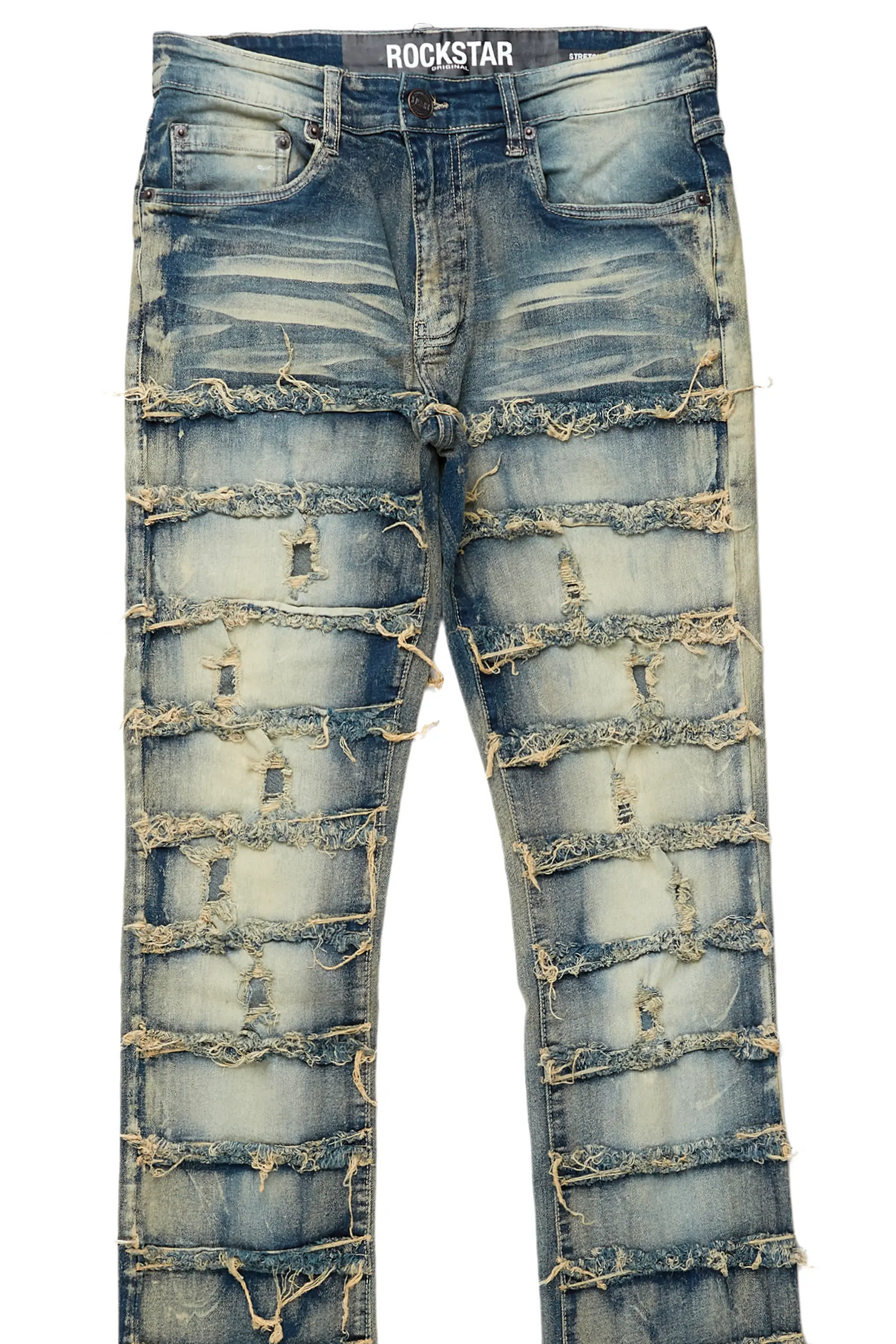 Waylon Rustic Blue Frayed Super Stacked Flare Jean