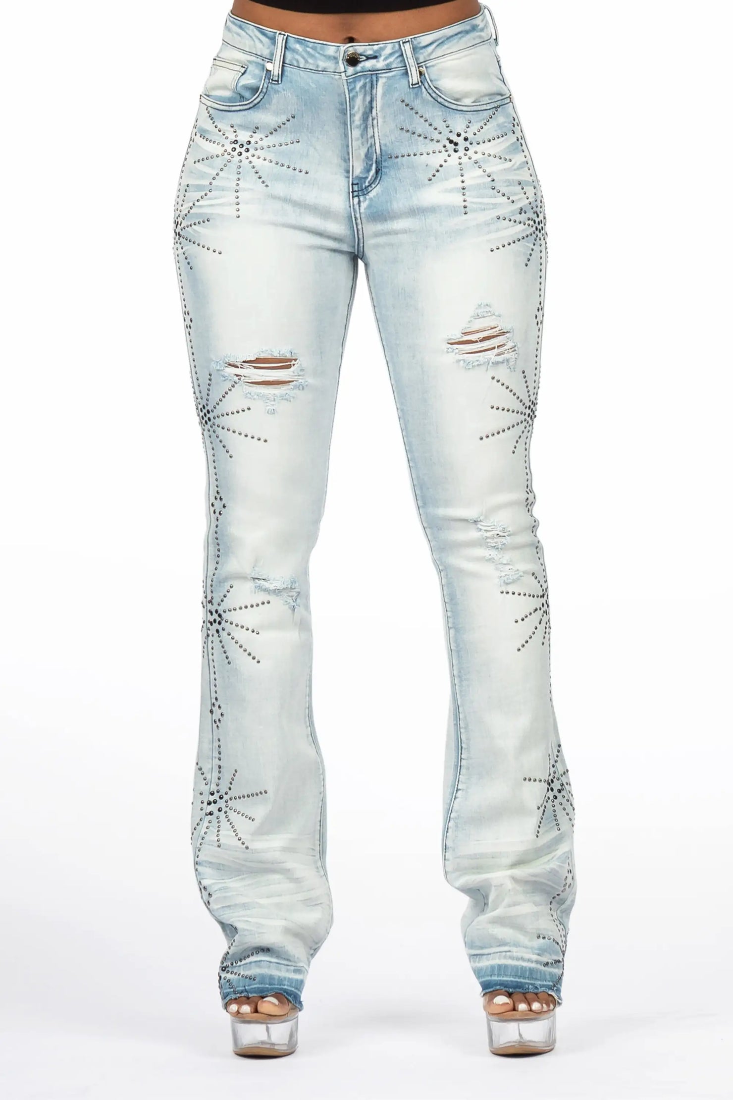 Ikia Light Wash Studded Stacked Flare Jean