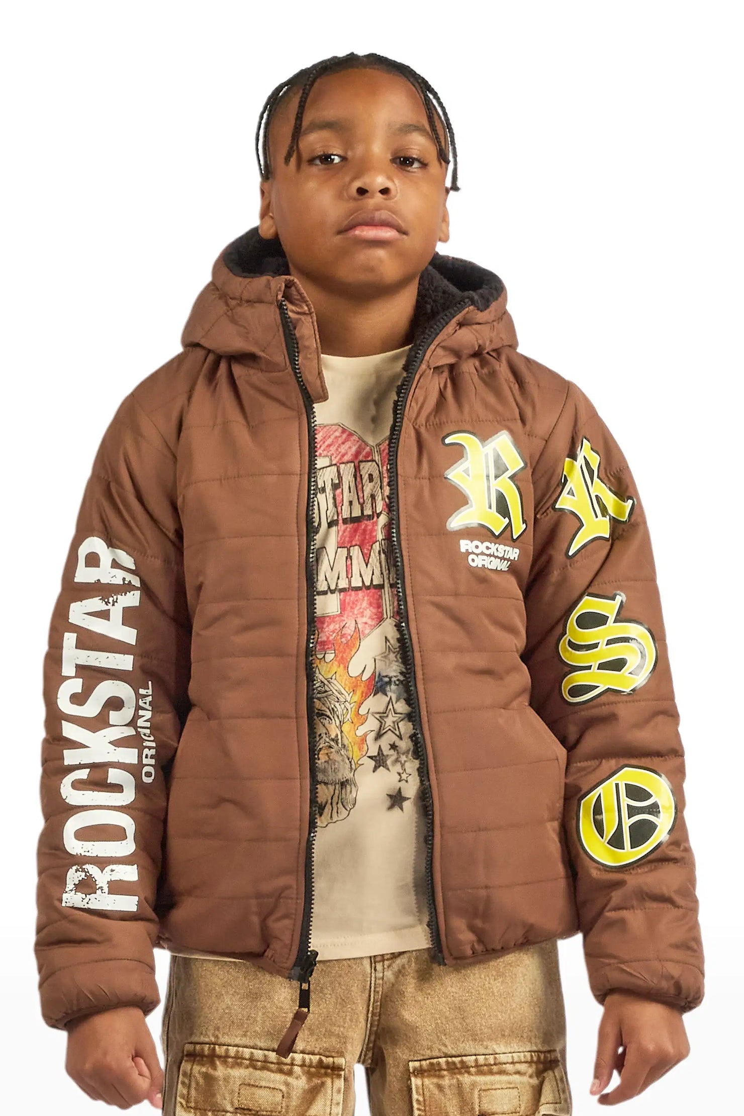 Boys Daegan Brown/Black Reversible Fur Puffer Jacket