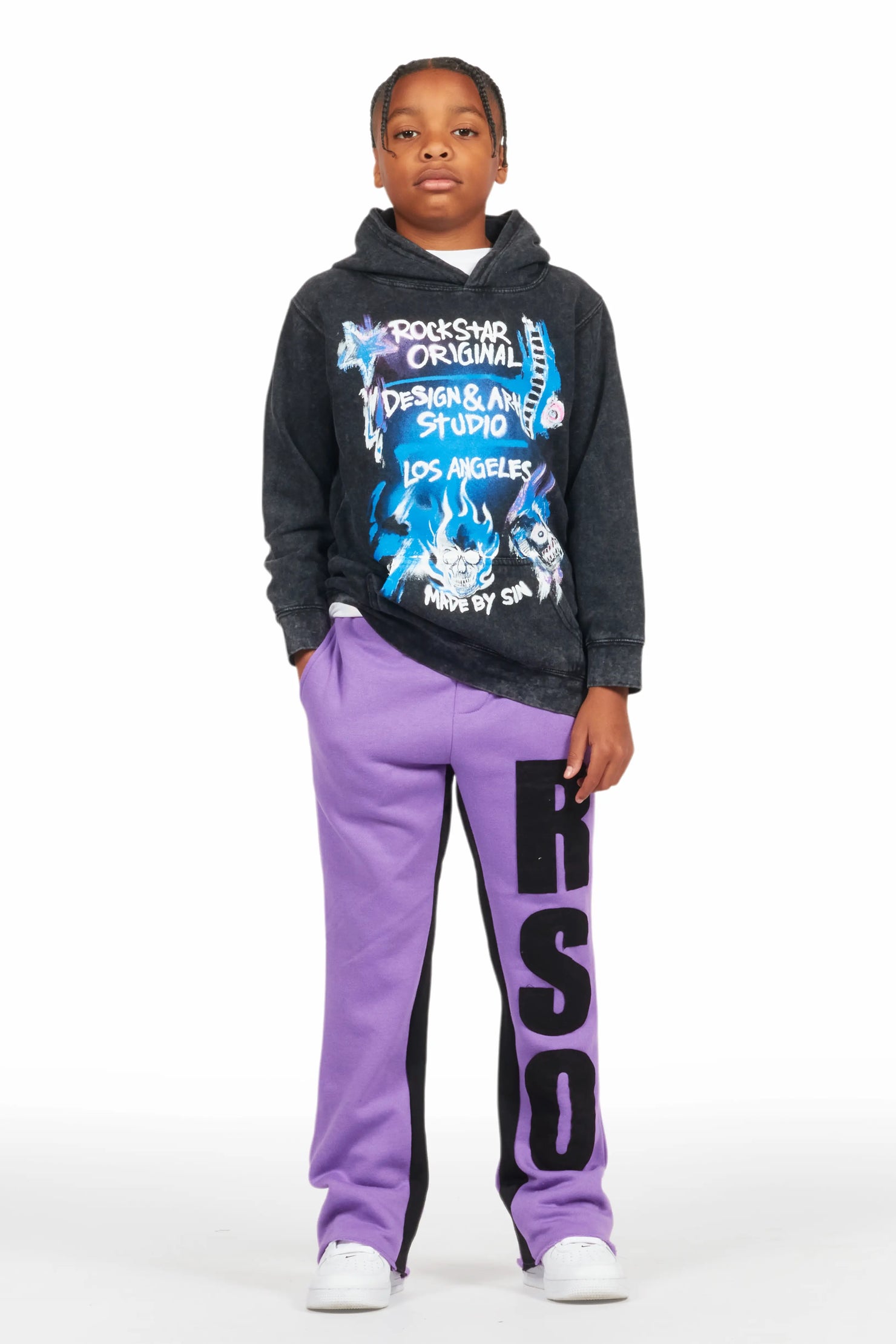 Boys Uko Purple Stacked Baggy Flare Pant