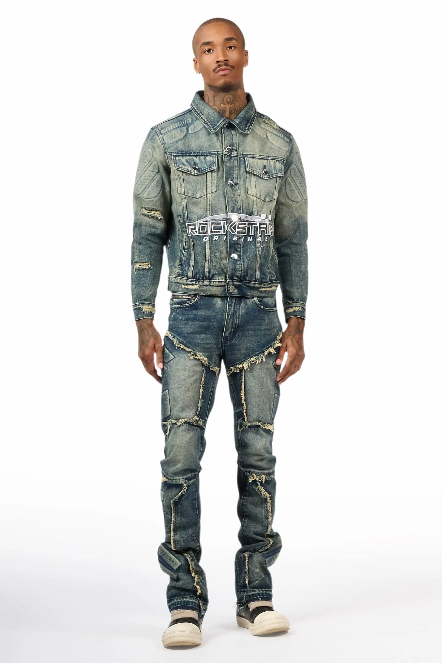 Throttle Blue Denim Jacket/Stacked Flare Jean Set