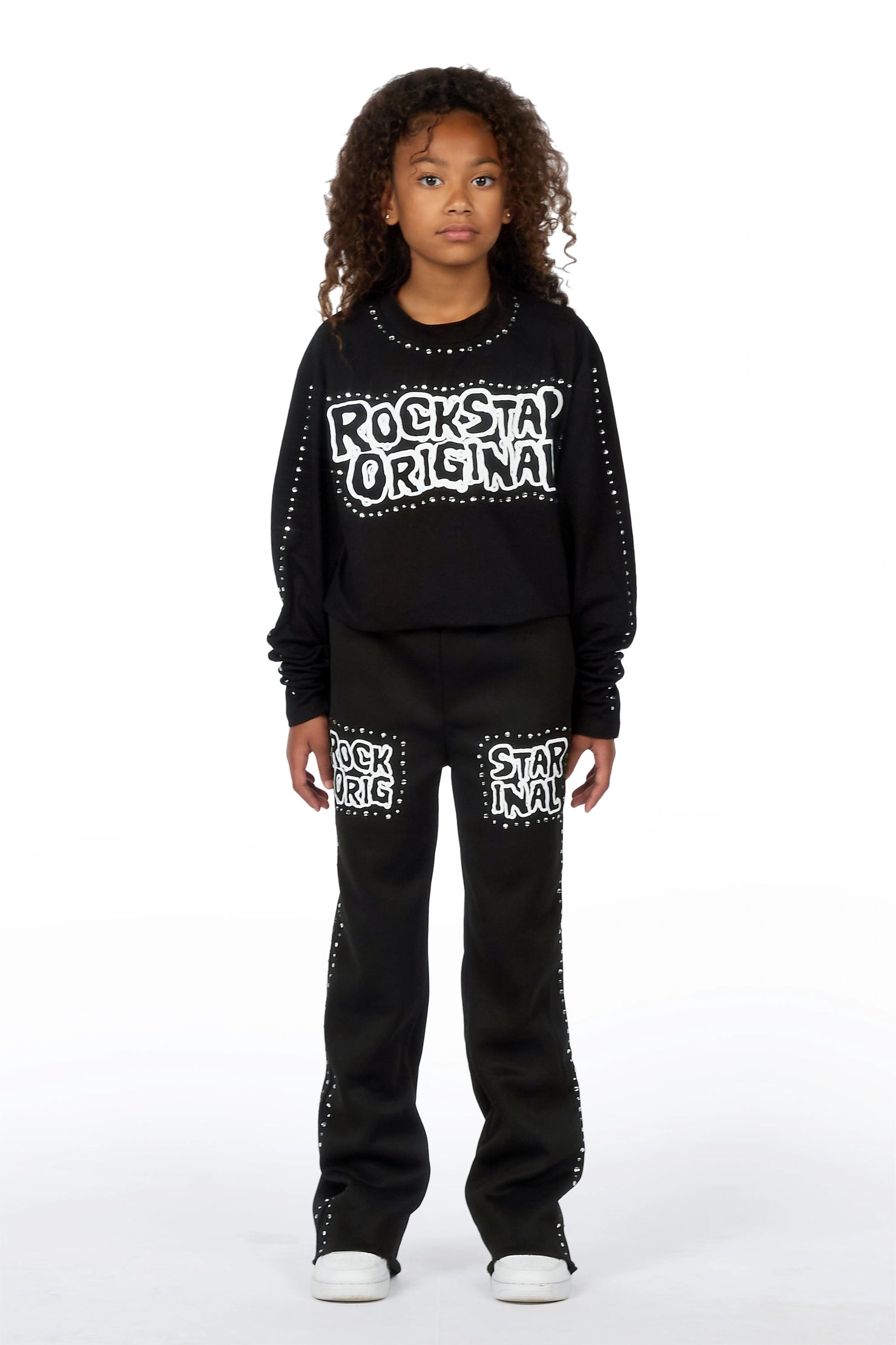 Girls Merca Black Rhinestone Long Sleeve Shirt Relaxed Track Set