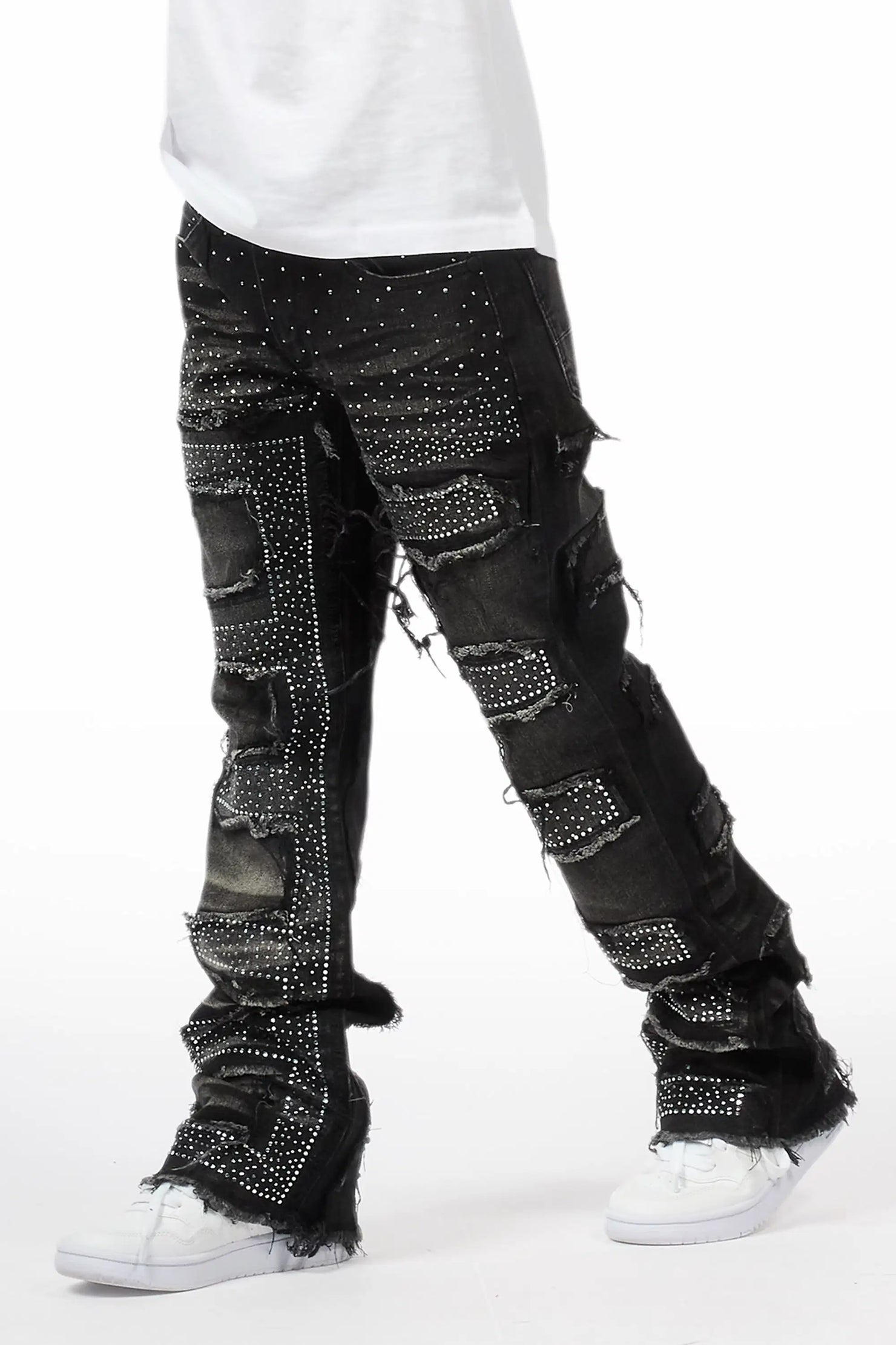 Boys Shake Dark Grey Rhinestone Stacked Flare Jean