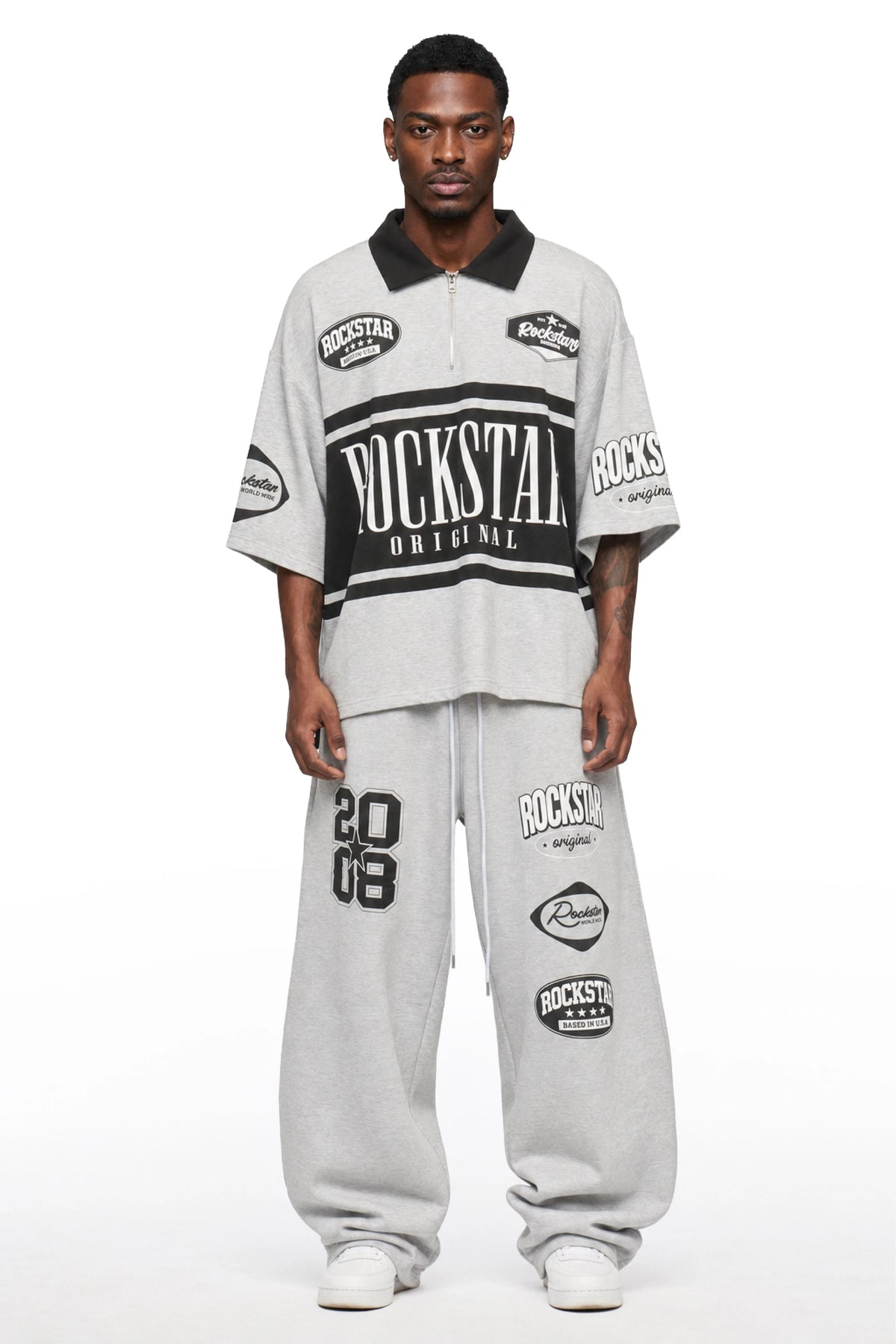 Verseny Heather Grey 1/4 Zip Crop Boxy Tee Fleece /Barrel Fit Track Set
