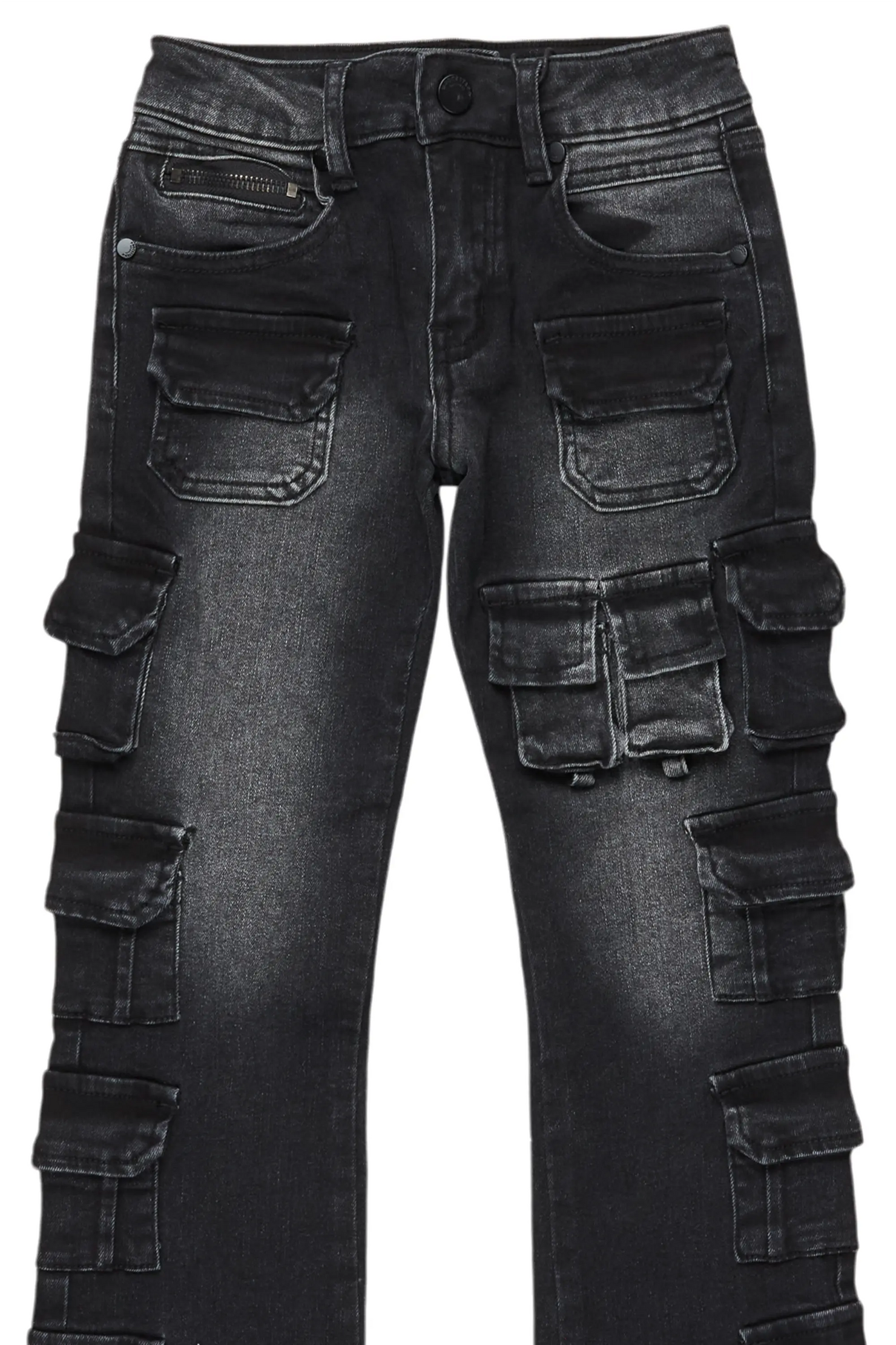 Boys Valery Black Stacked Flared Cargo Jean